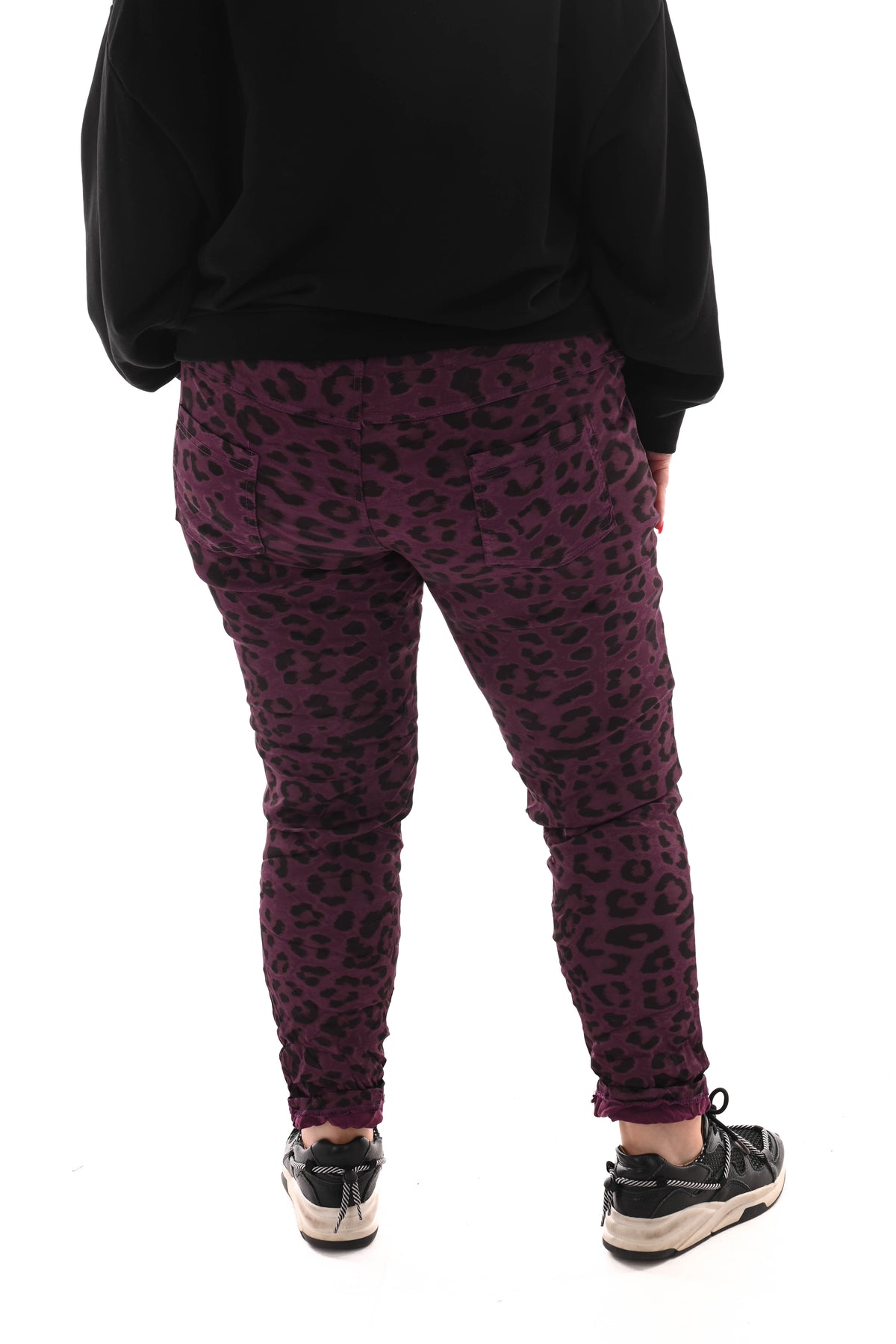 Silky stretchbroek panterprint paars