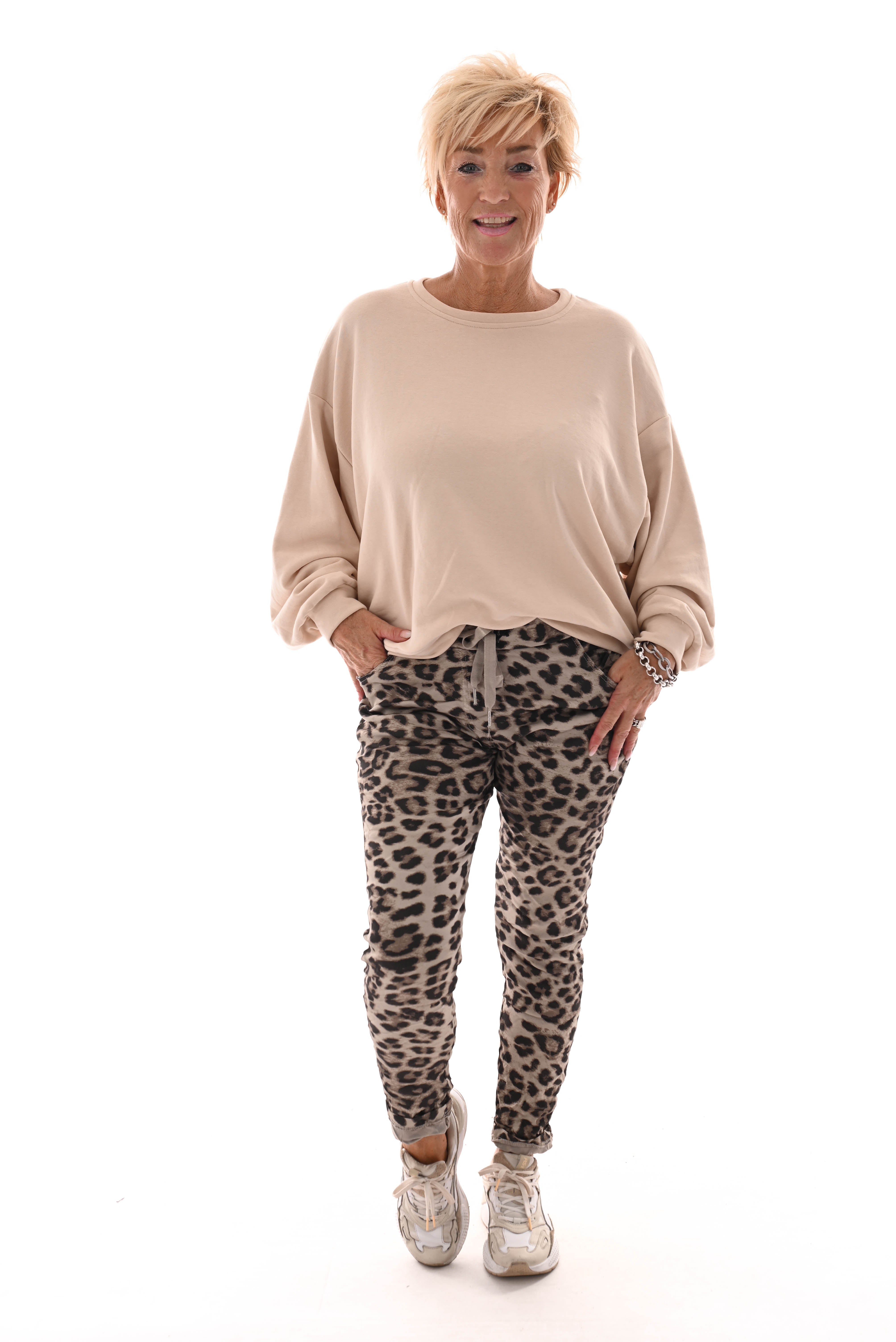Silky stretchbroek panterprint beige