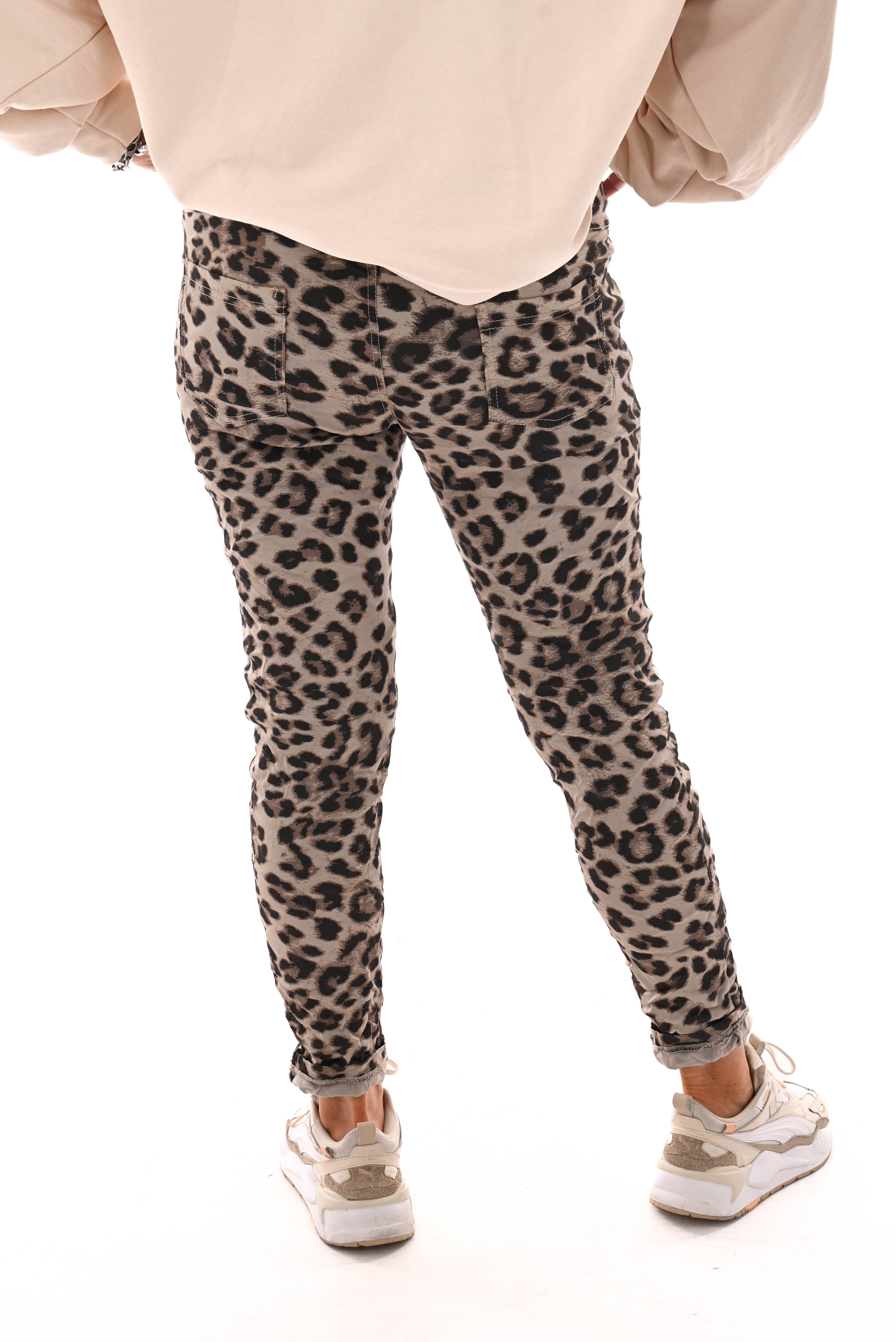Silky stretchbroek panterprint beige