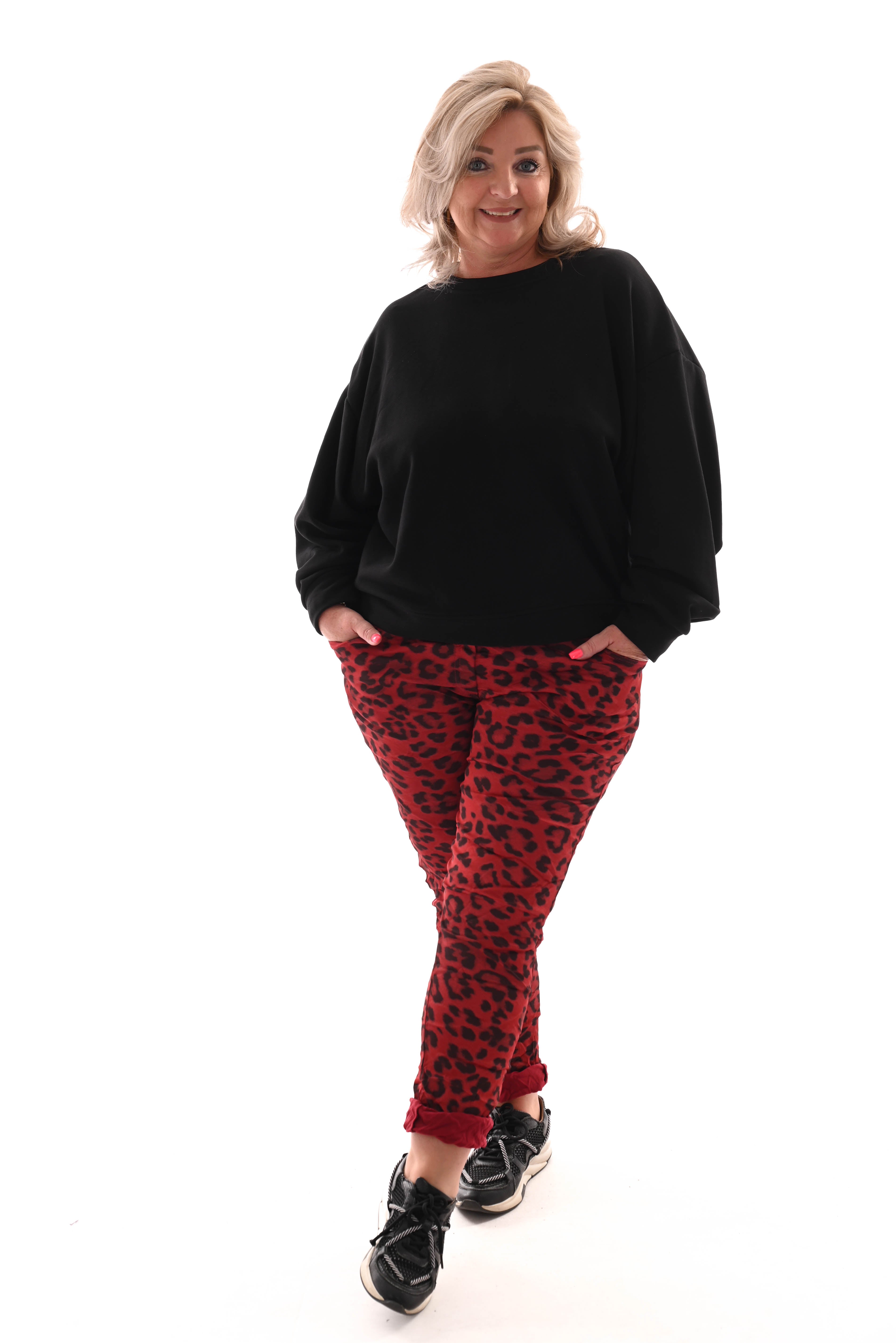 Silky stretchbroek panterprint rood