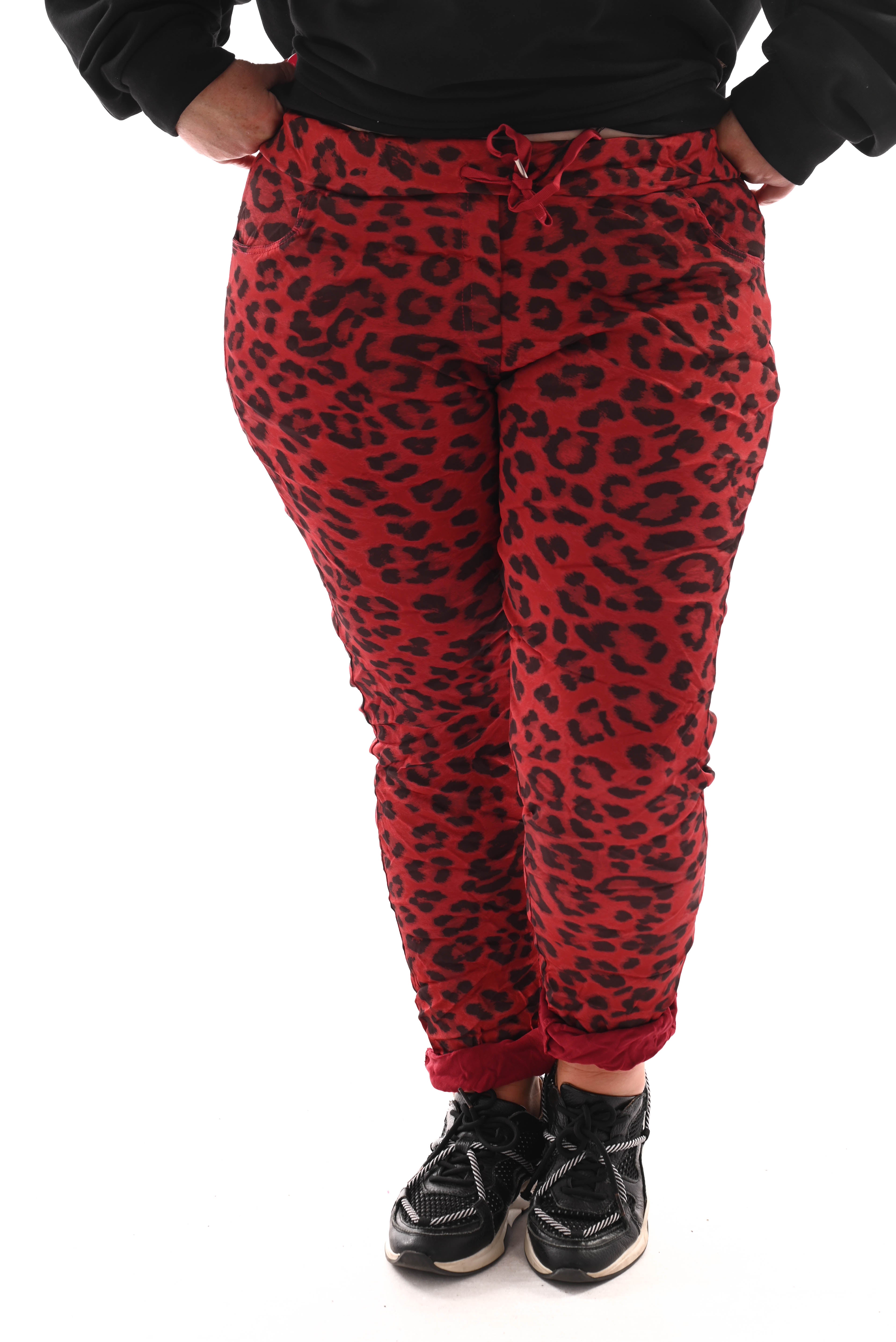 Silky stretchbroek panterprint rood