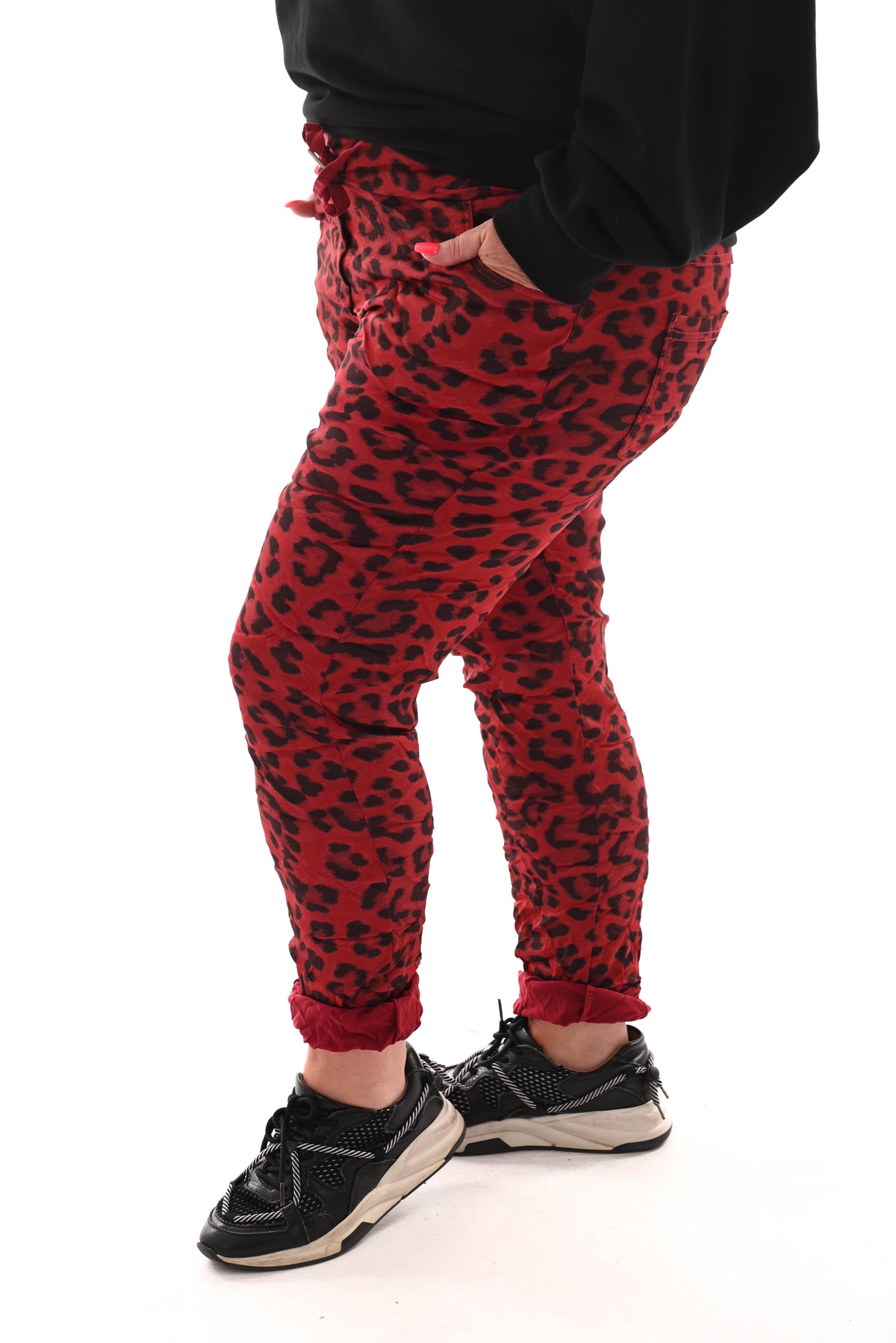 Silky stretchbroek panterprint rood