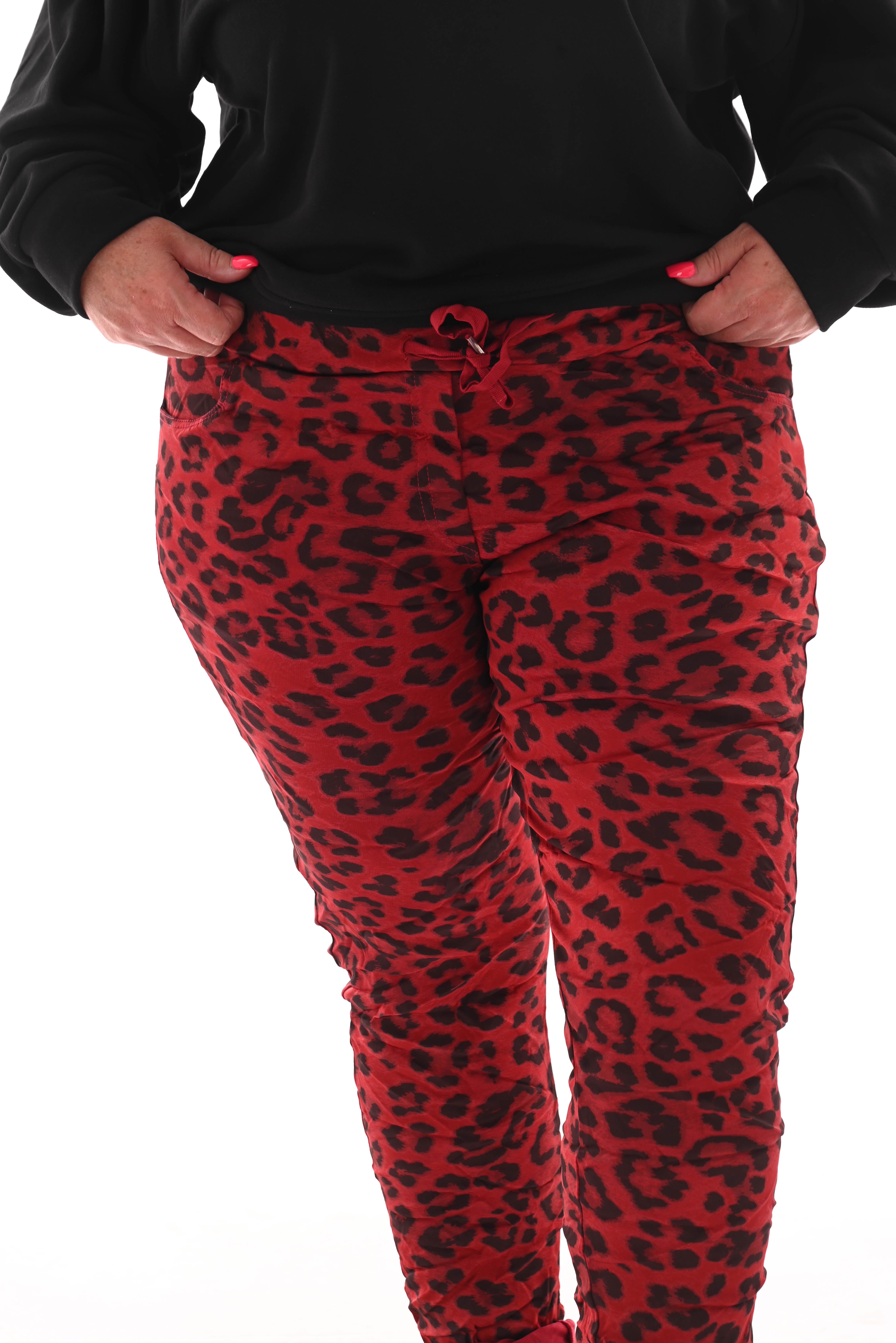 Silky stretchbroek panterprint rood