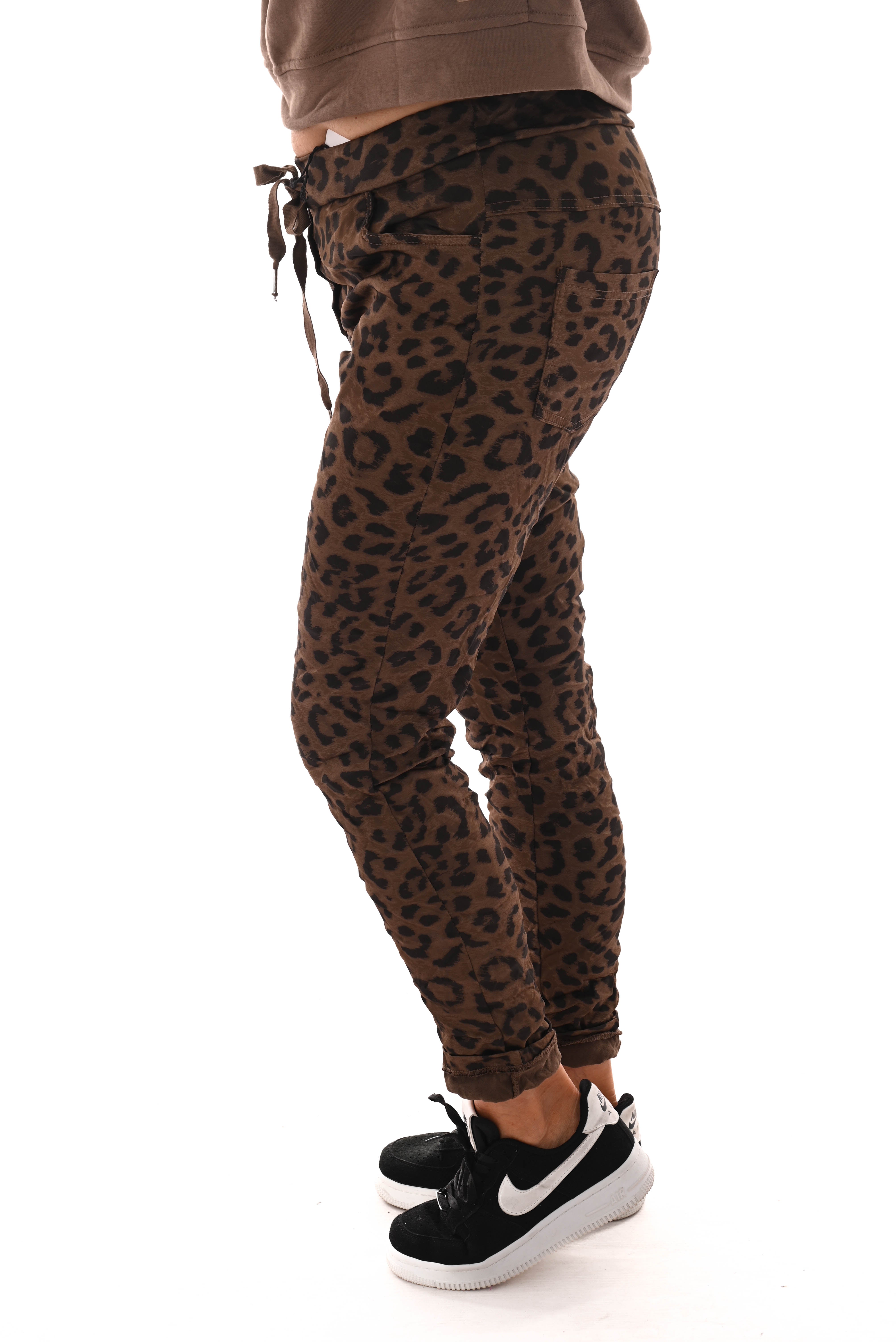 Silky stretchbroek panterprint donkerbruin