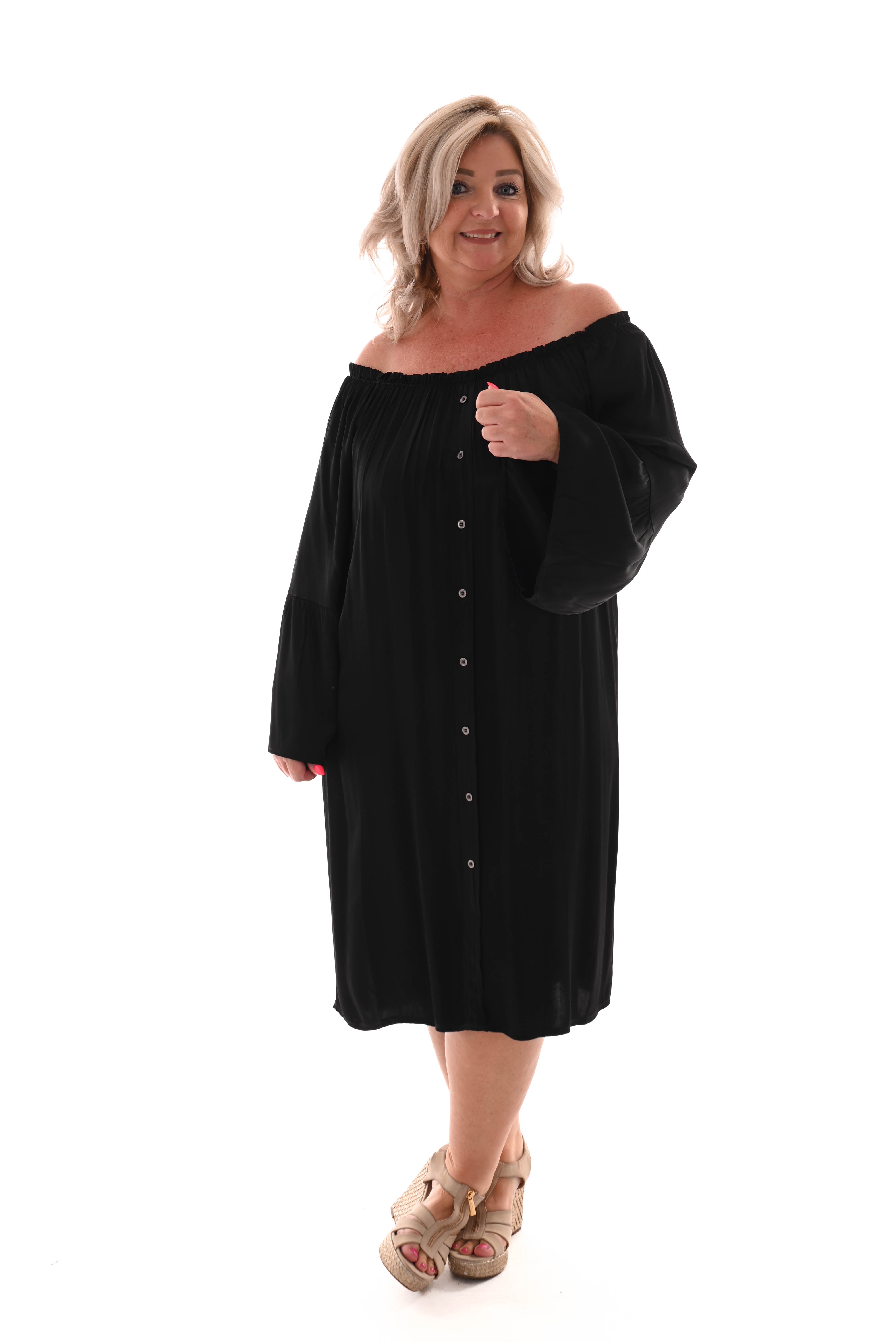 Silky jurk off-shoulder knopen en trompetmouwen zwart