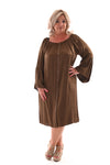 Silky jurk off-shoulder knopen en trompetmouwen bruin
