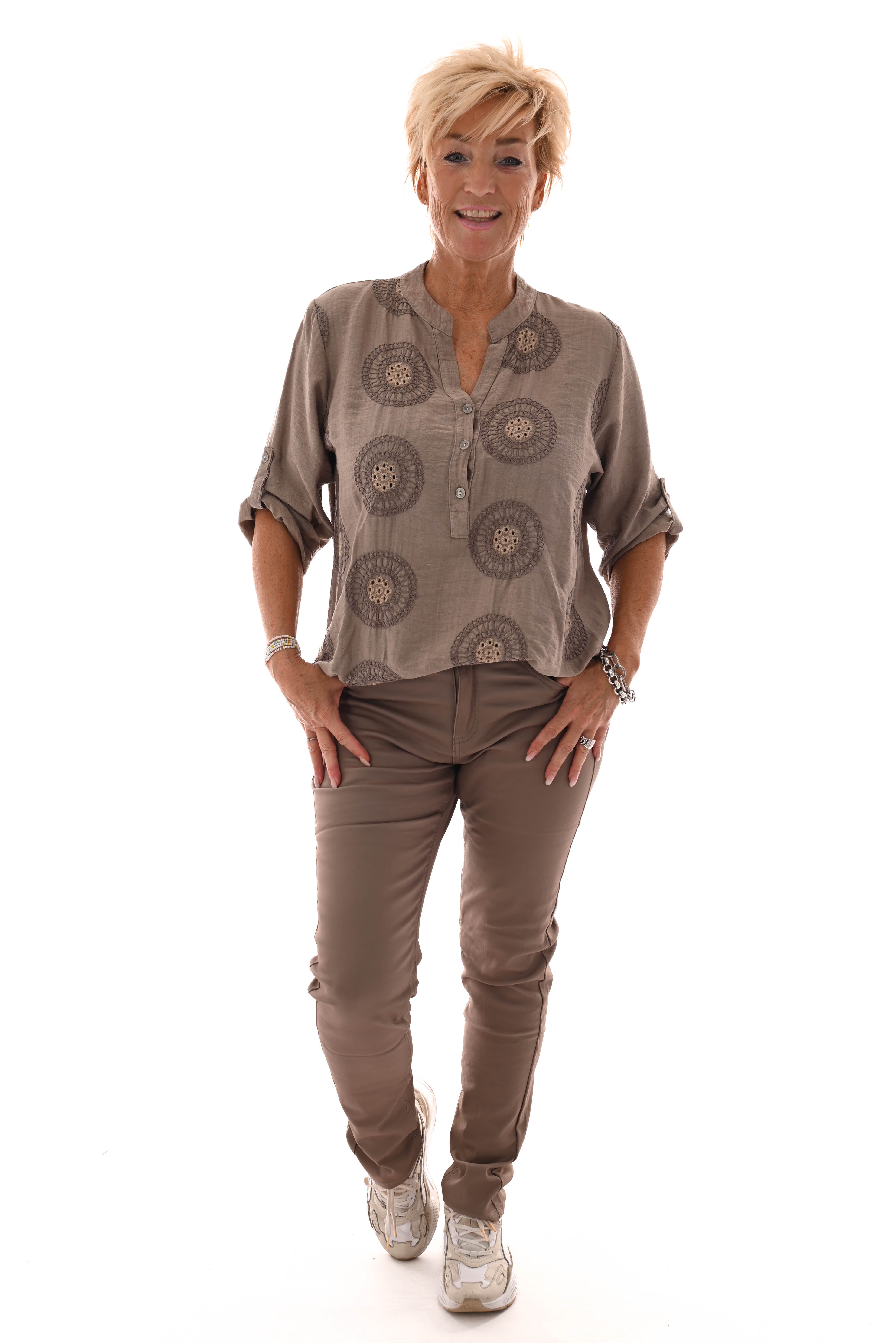 Blouse v-hals ophaalmouwen mandala taupe