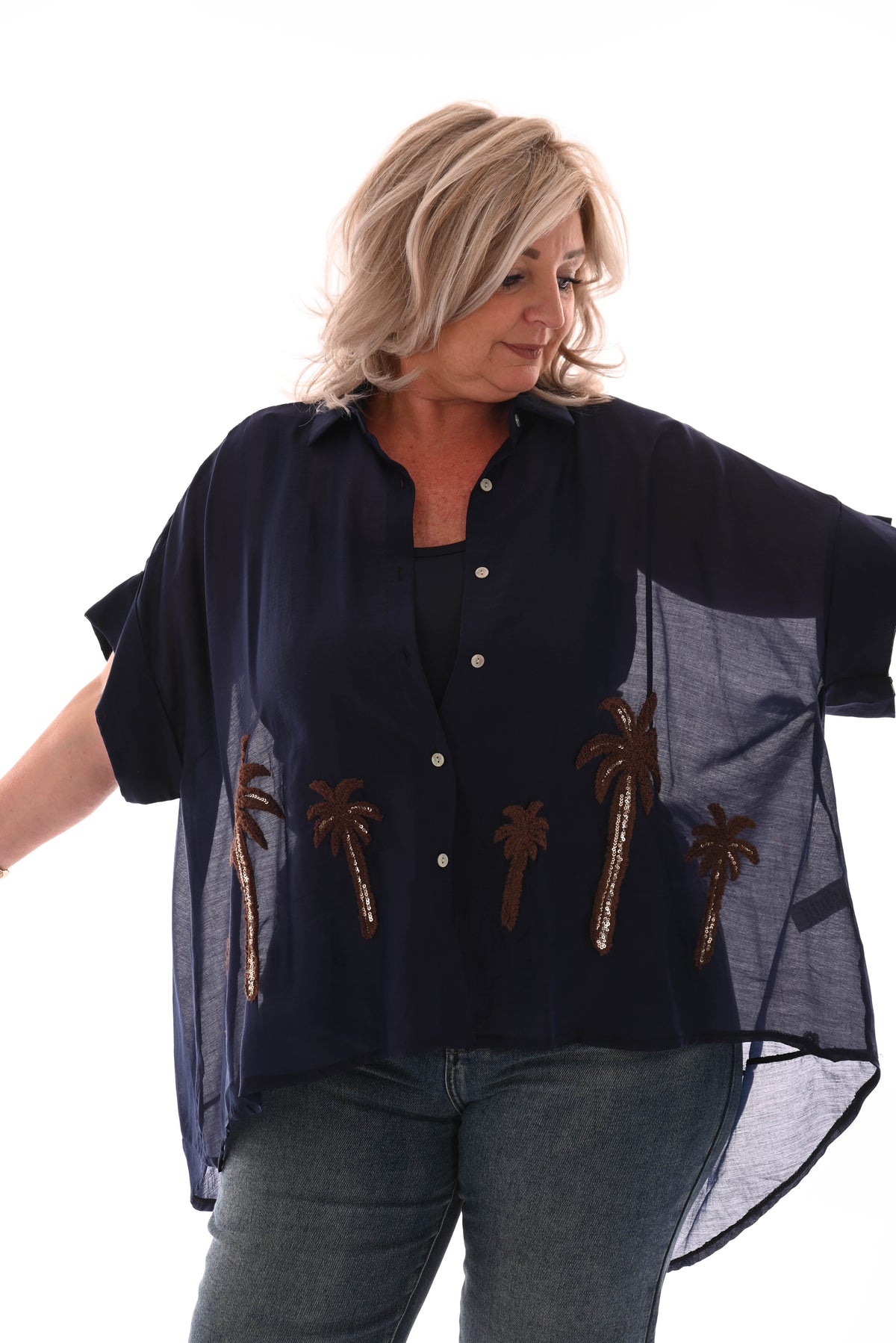 Blouse palms marineblauw