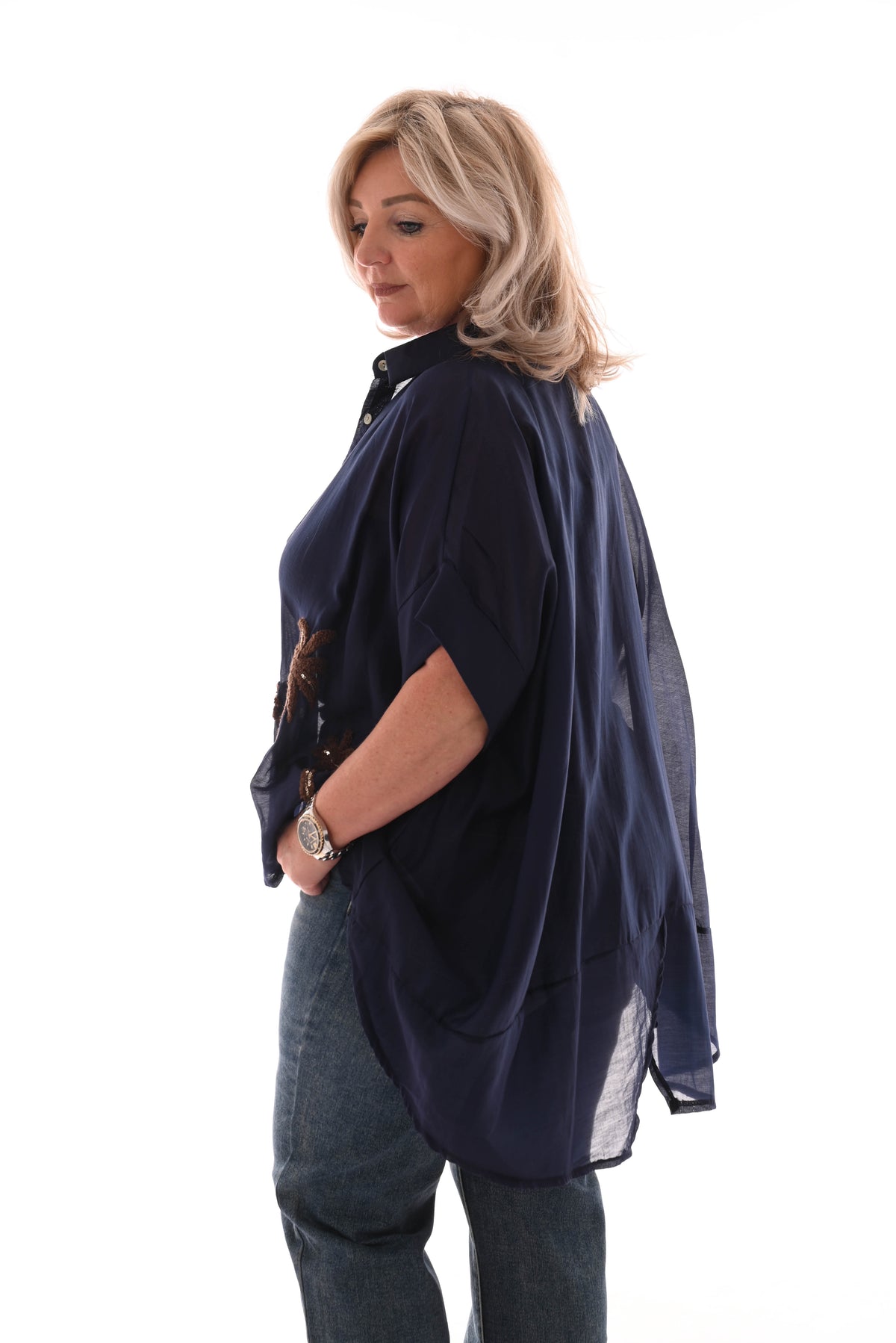 Blouse palms marineblauw