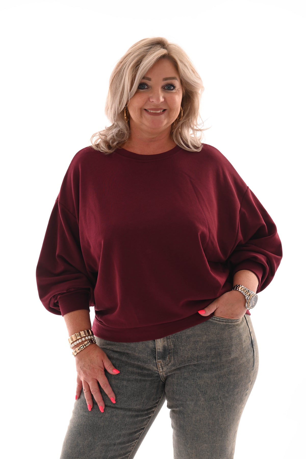 Sweater ronde hals uni bordeaux