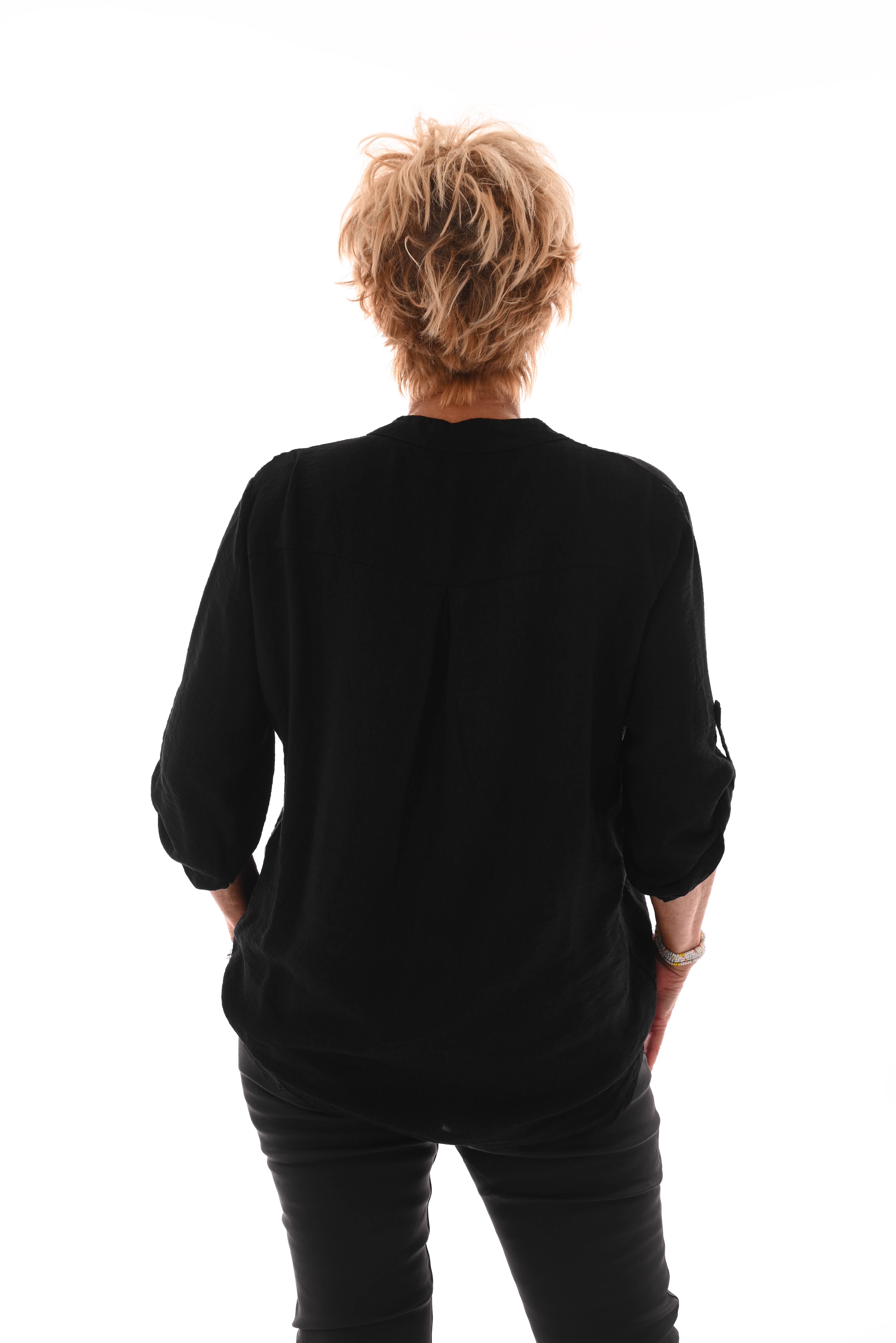 Blouse v-hals ophaalmouwen mandala zwart