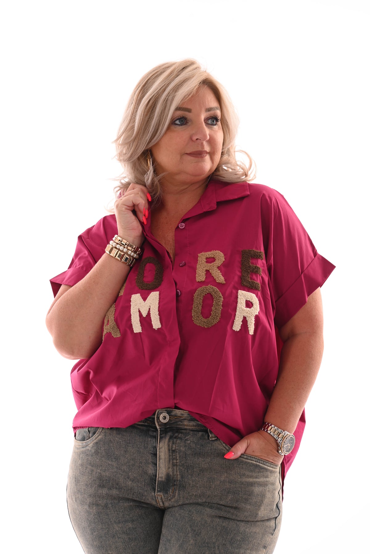 Blouse korte mouwen more amor fuchsia