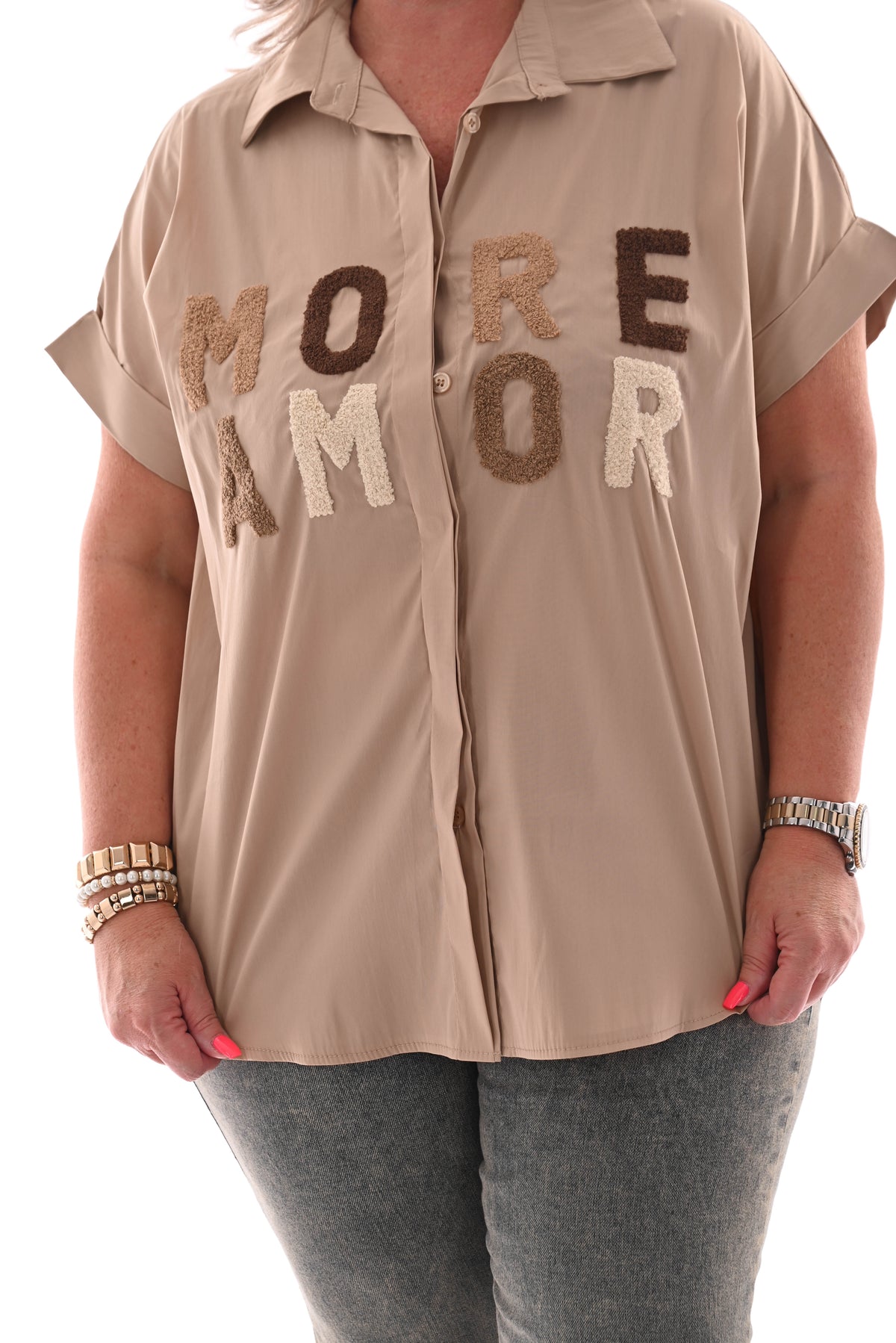 Blouse korte mouwen more amor beige