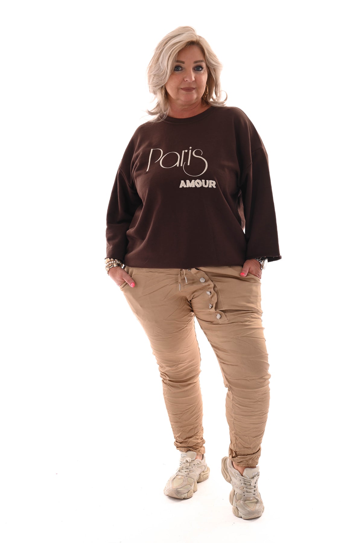Stretchbroek silky knopen beige
