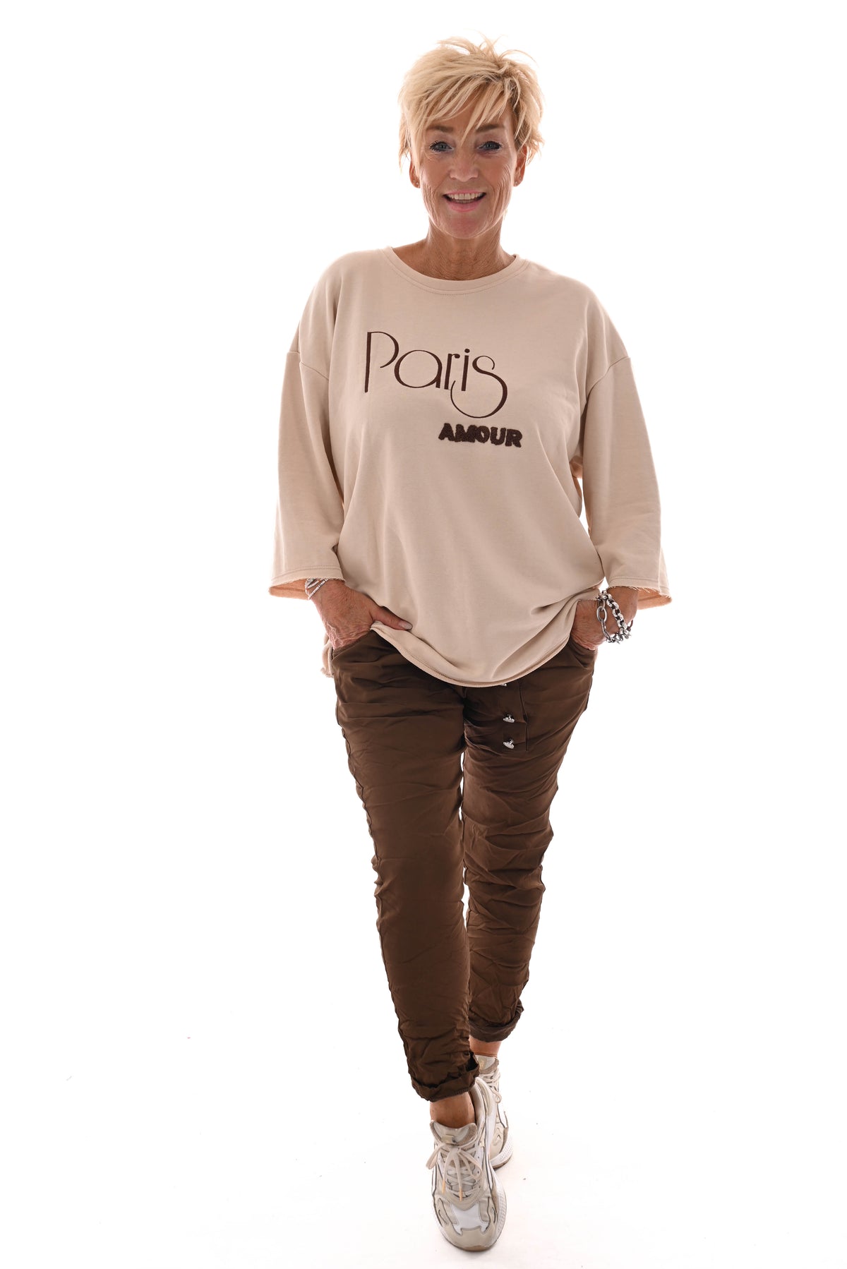 Stretchbroek silky knopen donkerbruin