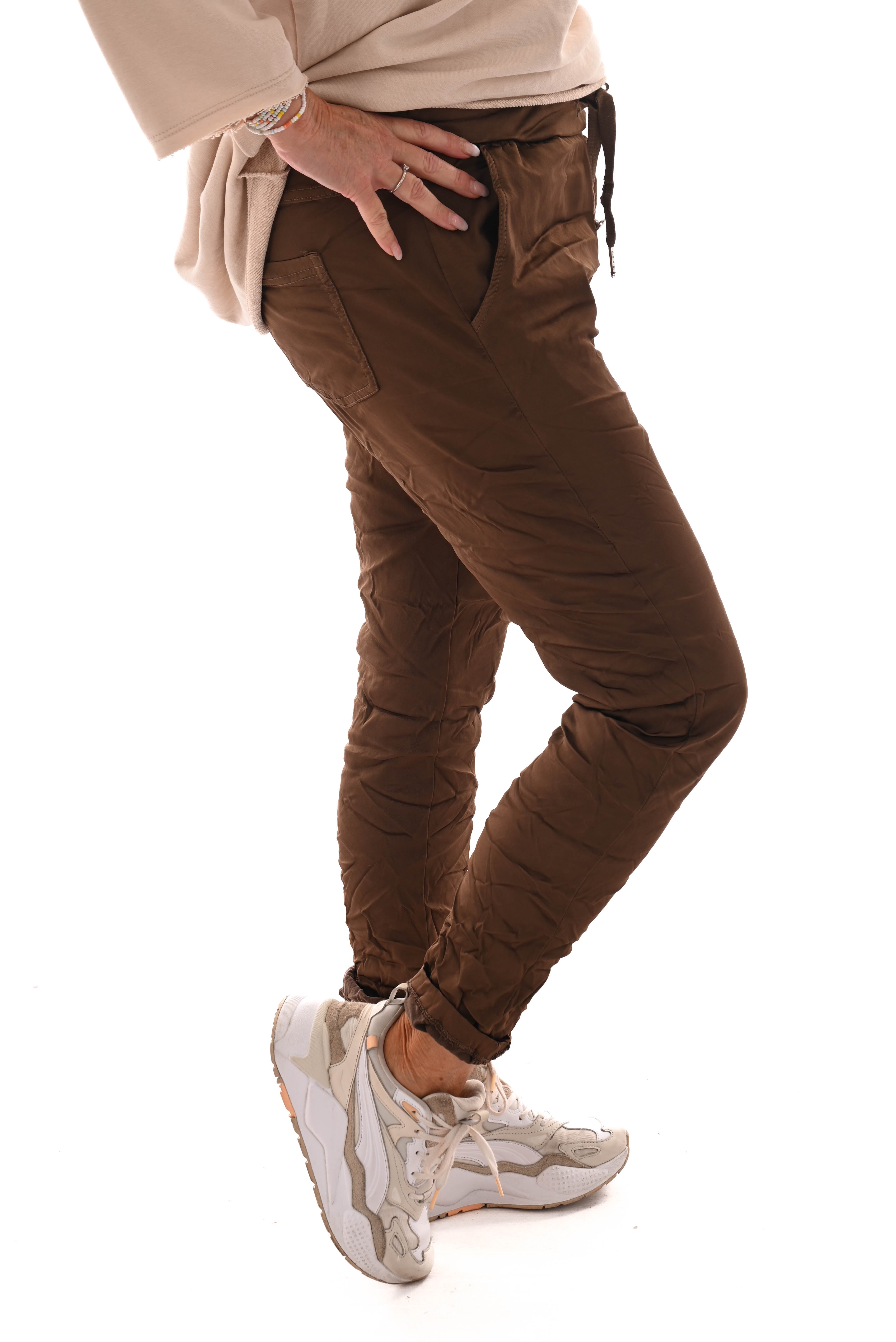 Stretchbroek silky knopen donkerbruin