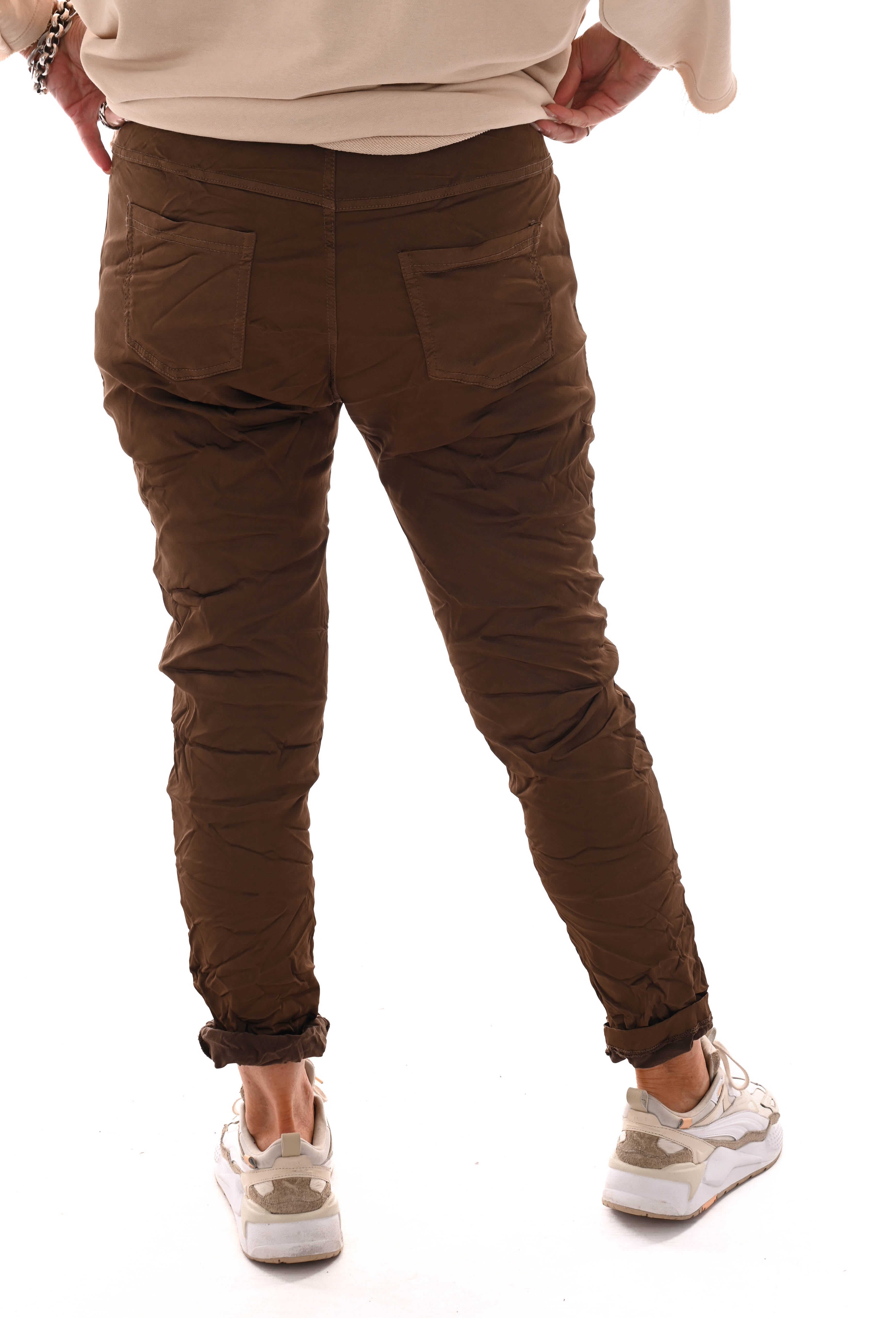 Stretchbroek silky knopen donkerbruin