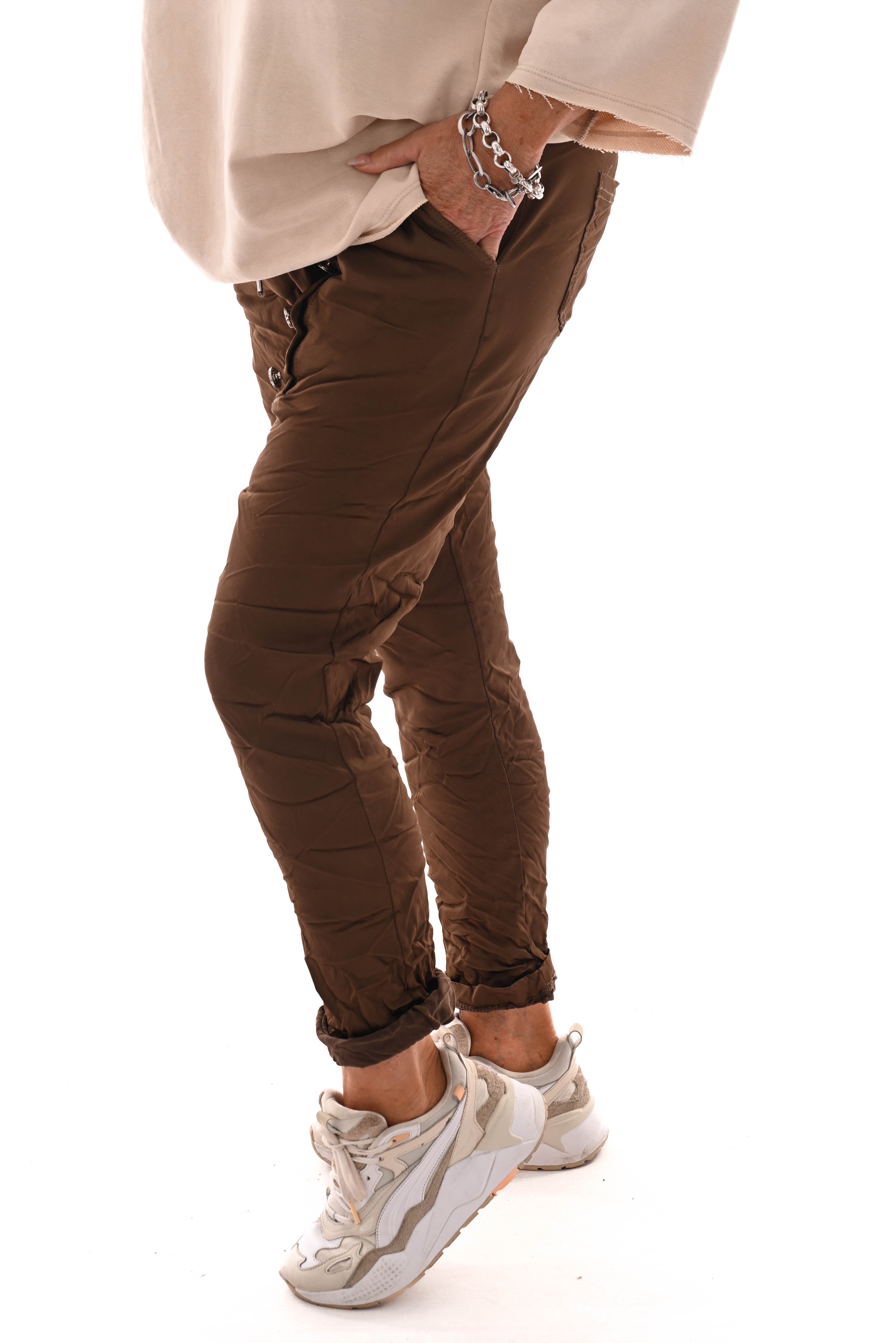 Stretchbroek silky knopen donkerbruin