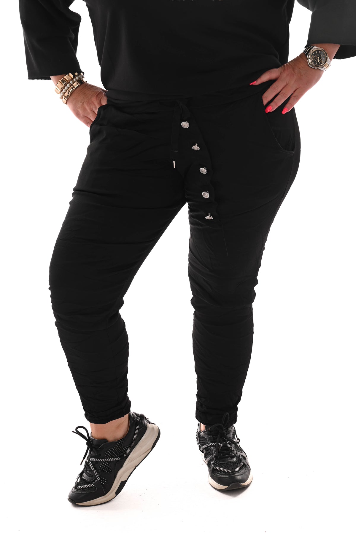 Stretchbroek silky knopen zwart