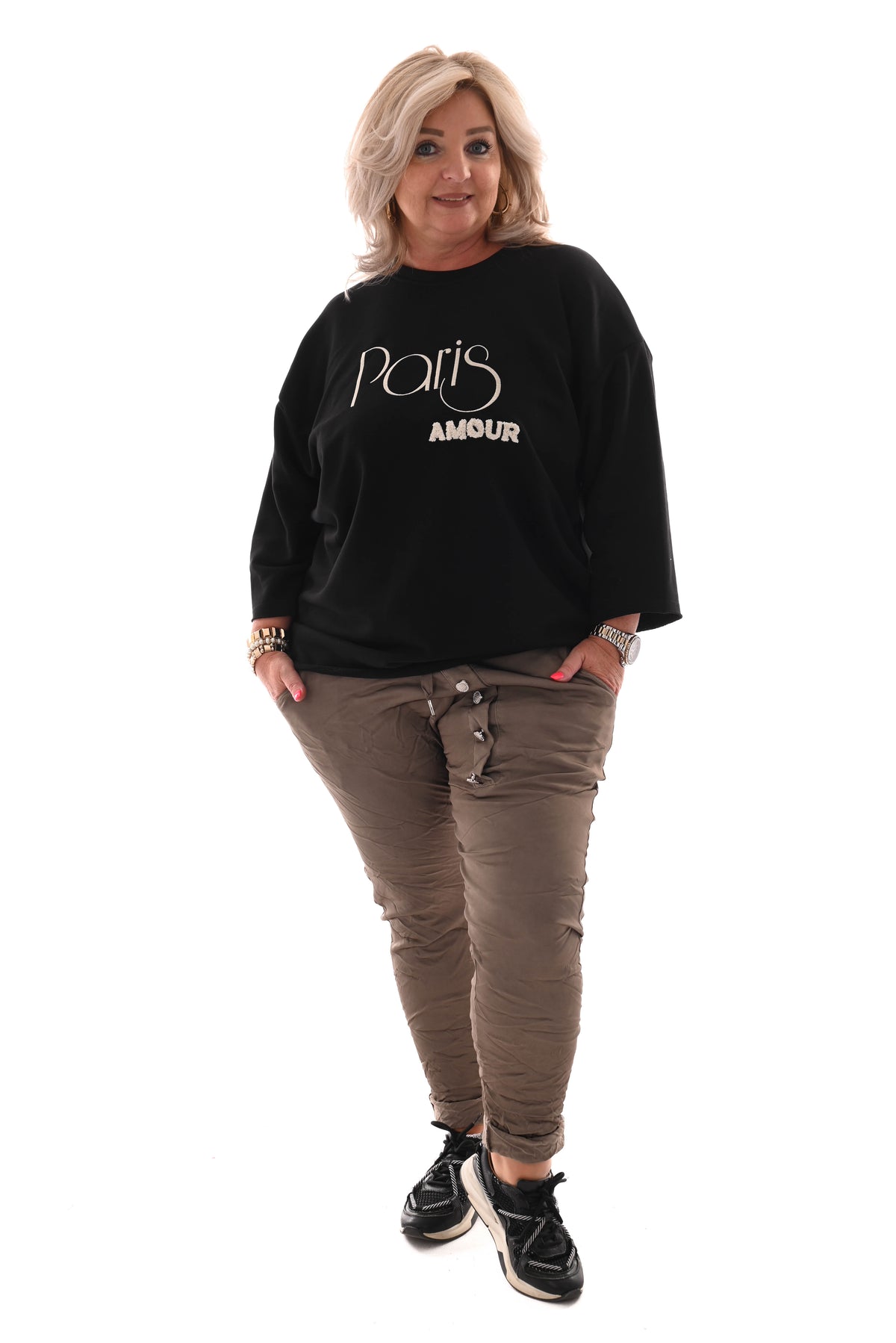 Stretchbroek silky knopen taupe
