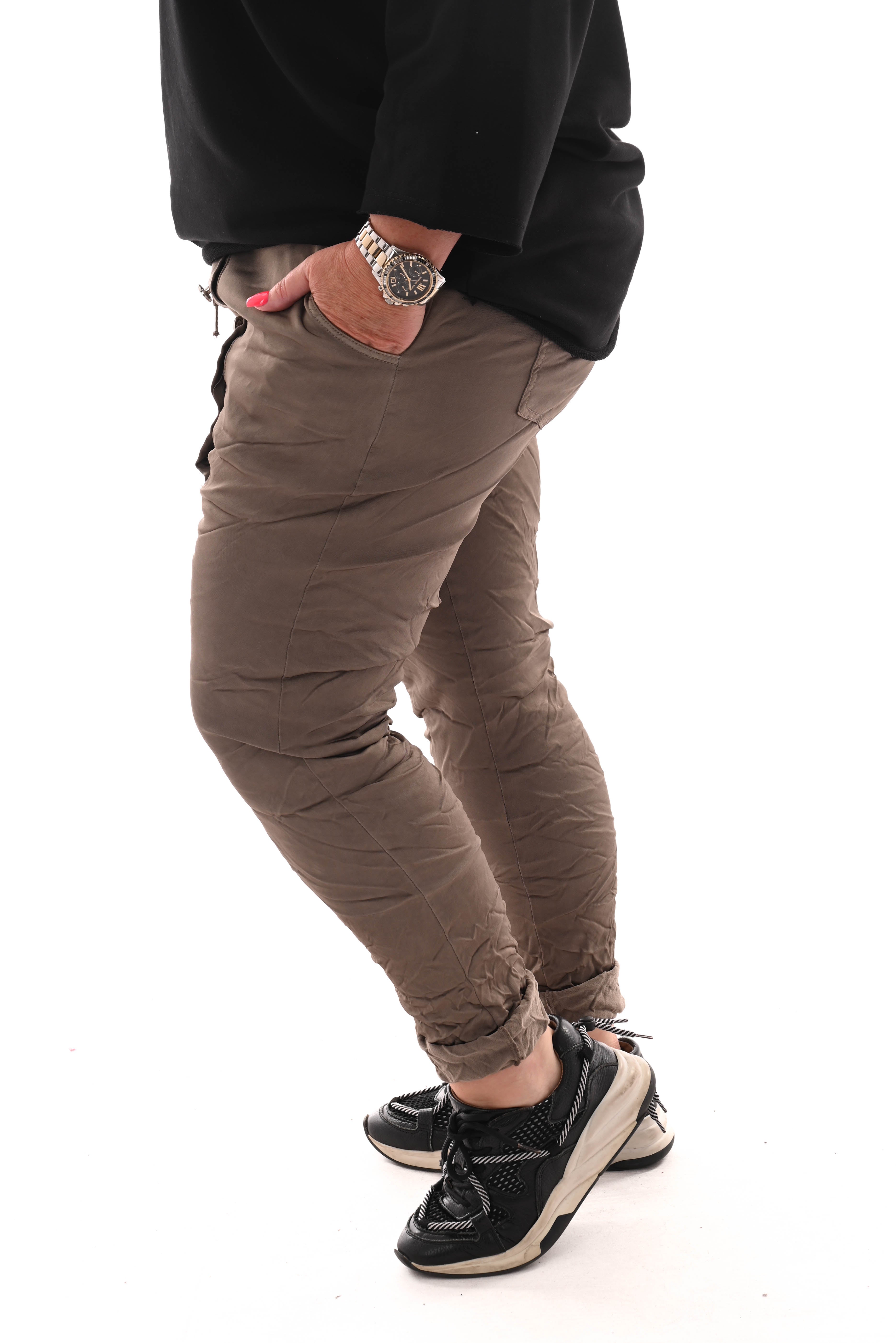 Stretchbroek silky knopen taupe