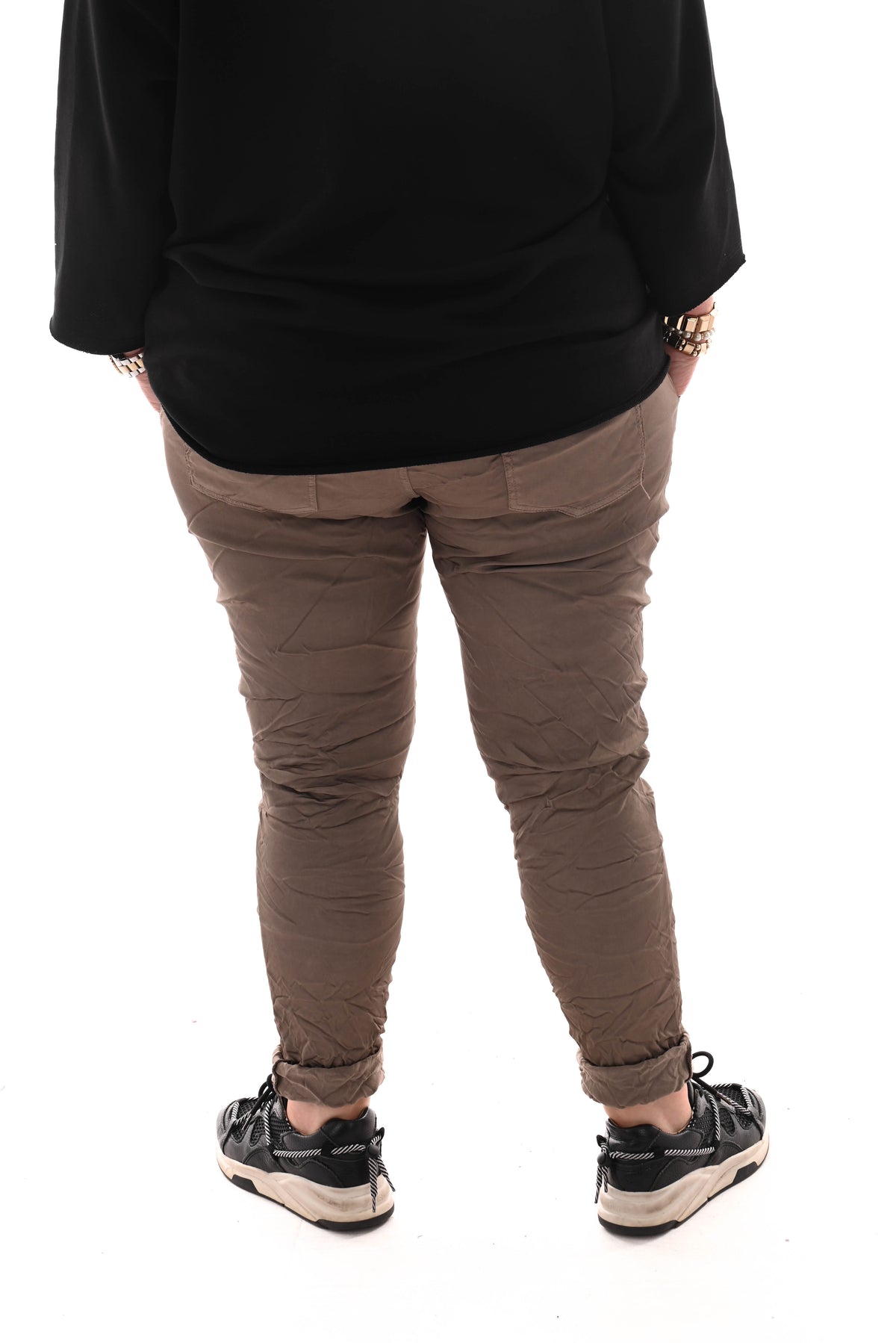 Stretchbroek silky knopen taupe