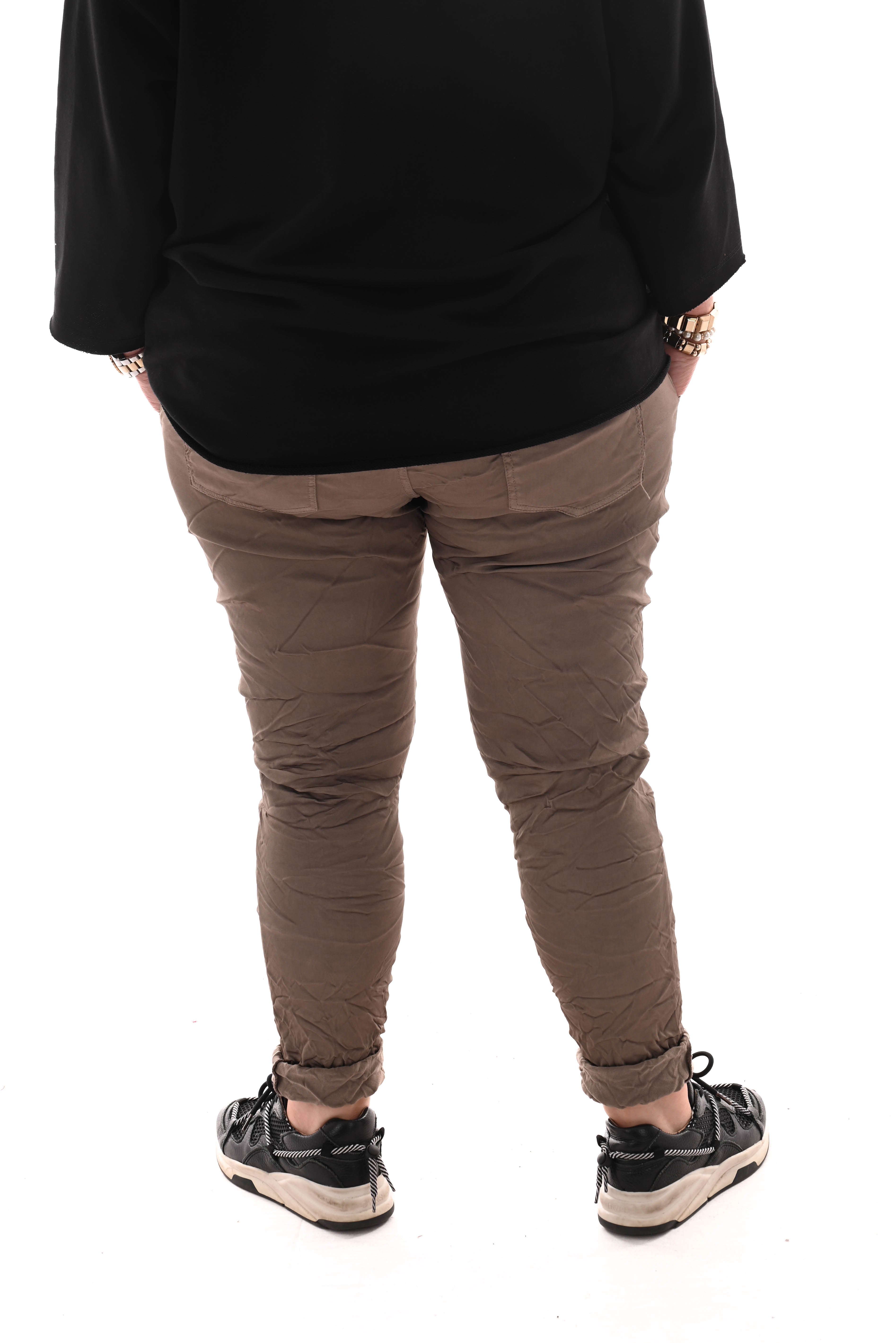 Stretchbroek silky knopen taupe