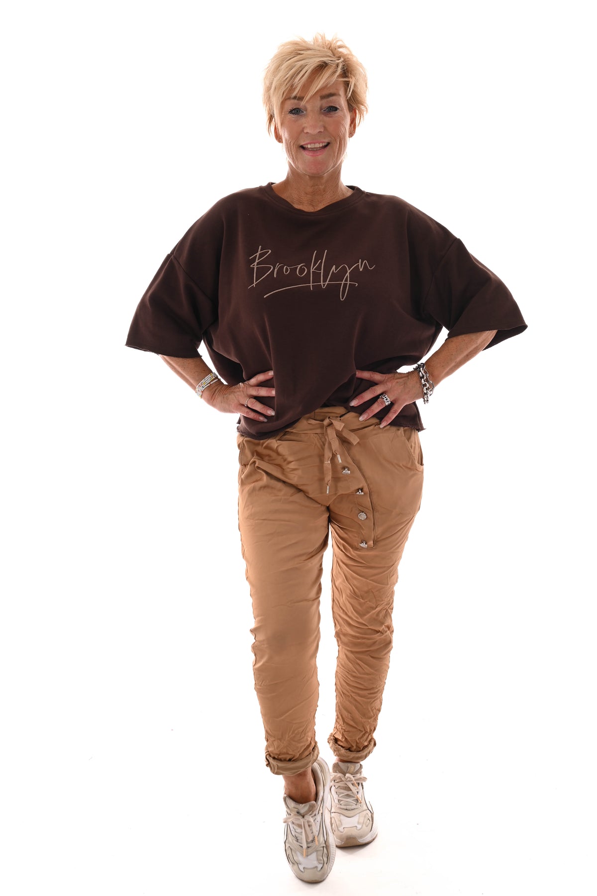 Stretchbroek silky knopen camel