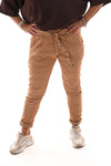 Stretchbroek silky knopen camel