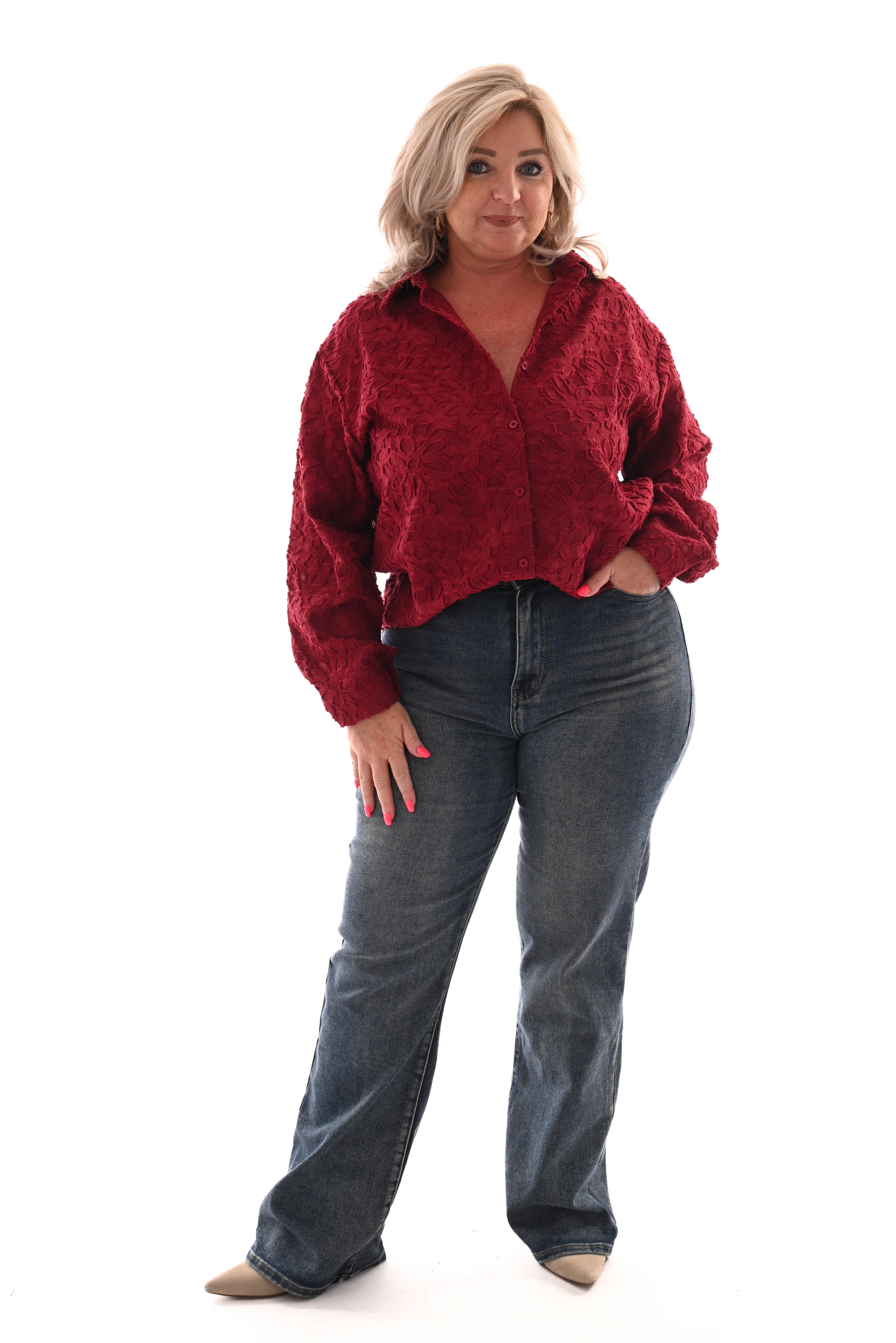 Doorknoop blouse bloemen bordeaux