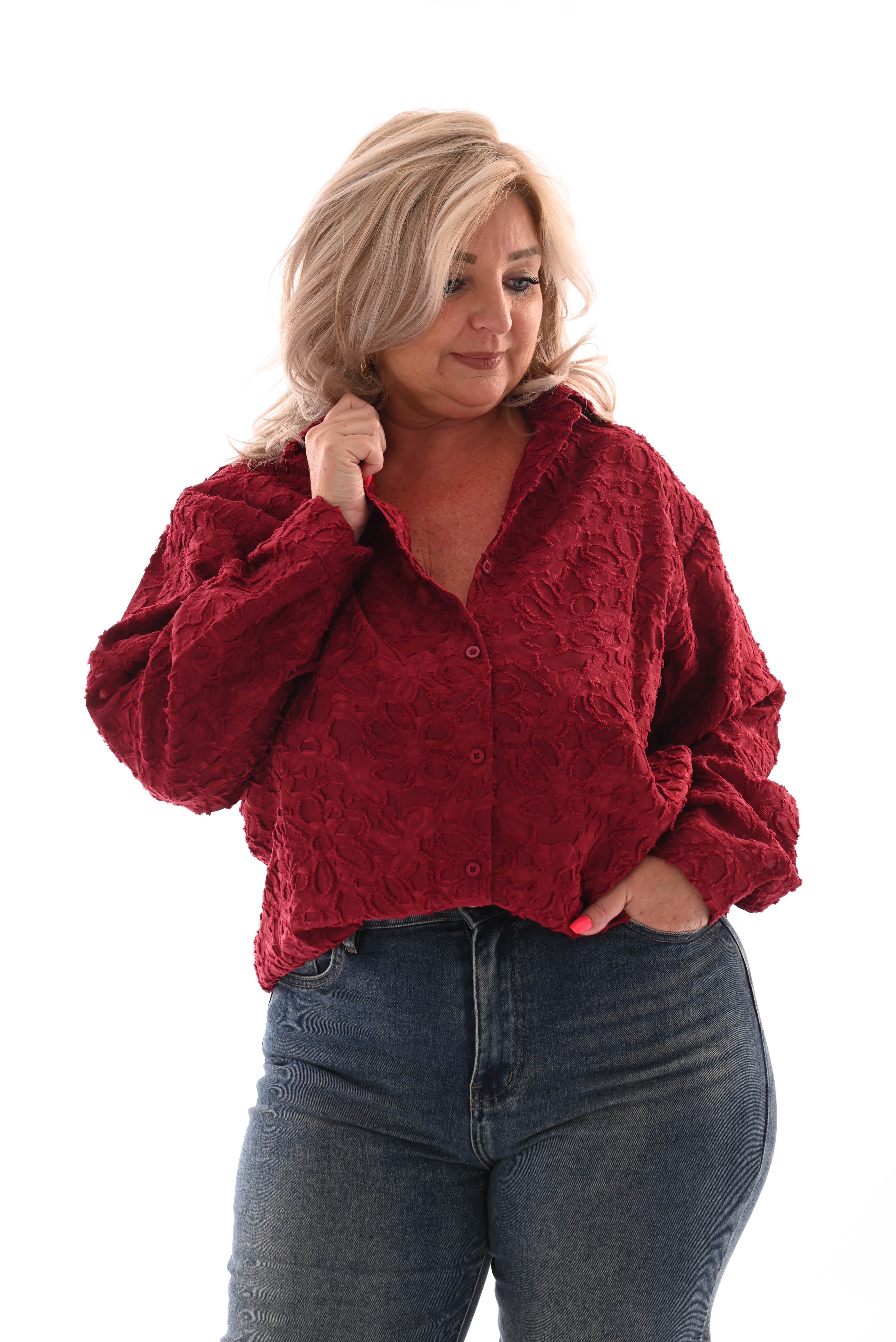Doorknoop blouse bloemen bordeaux
