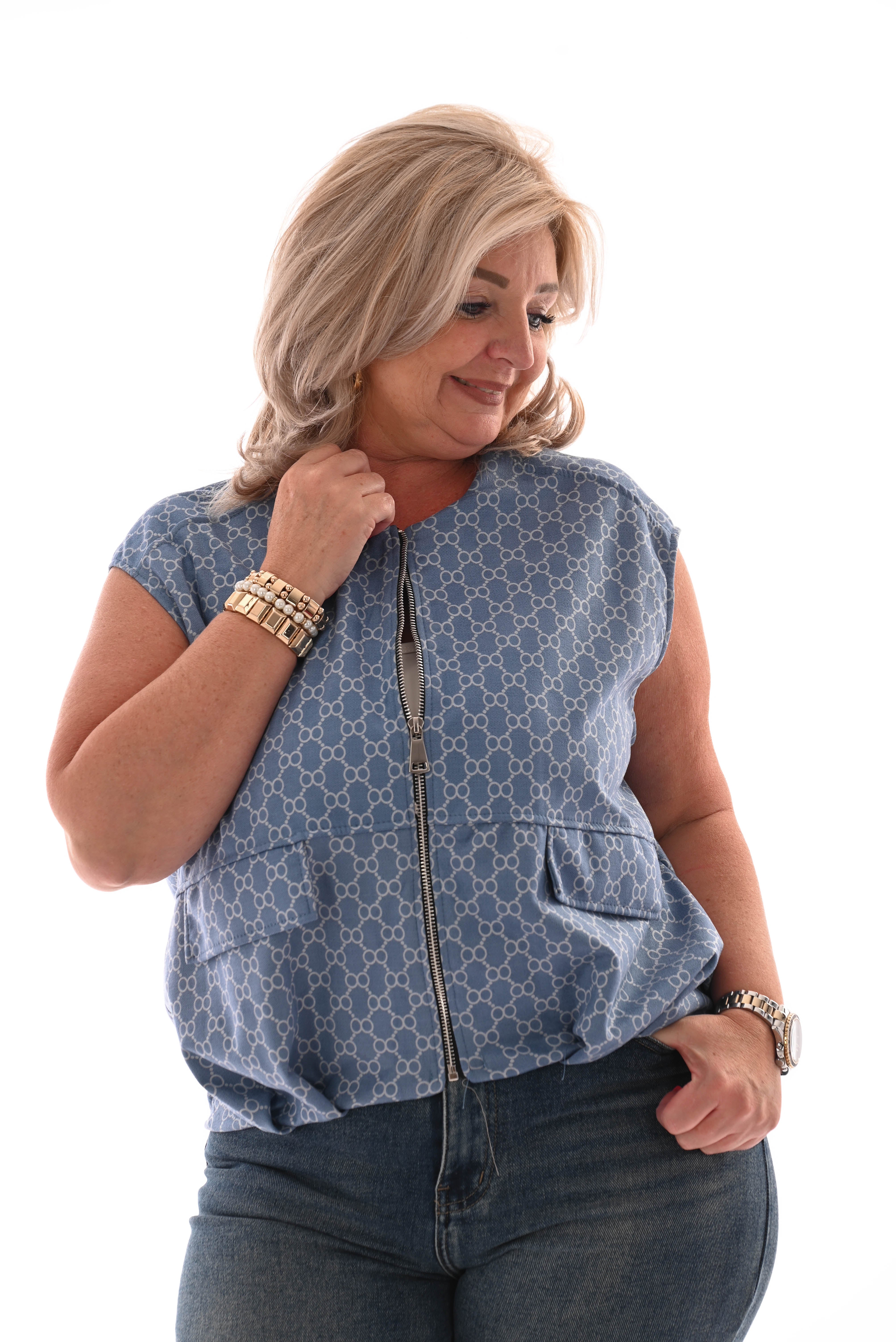 Gilet cirkels met rits jeansblauw