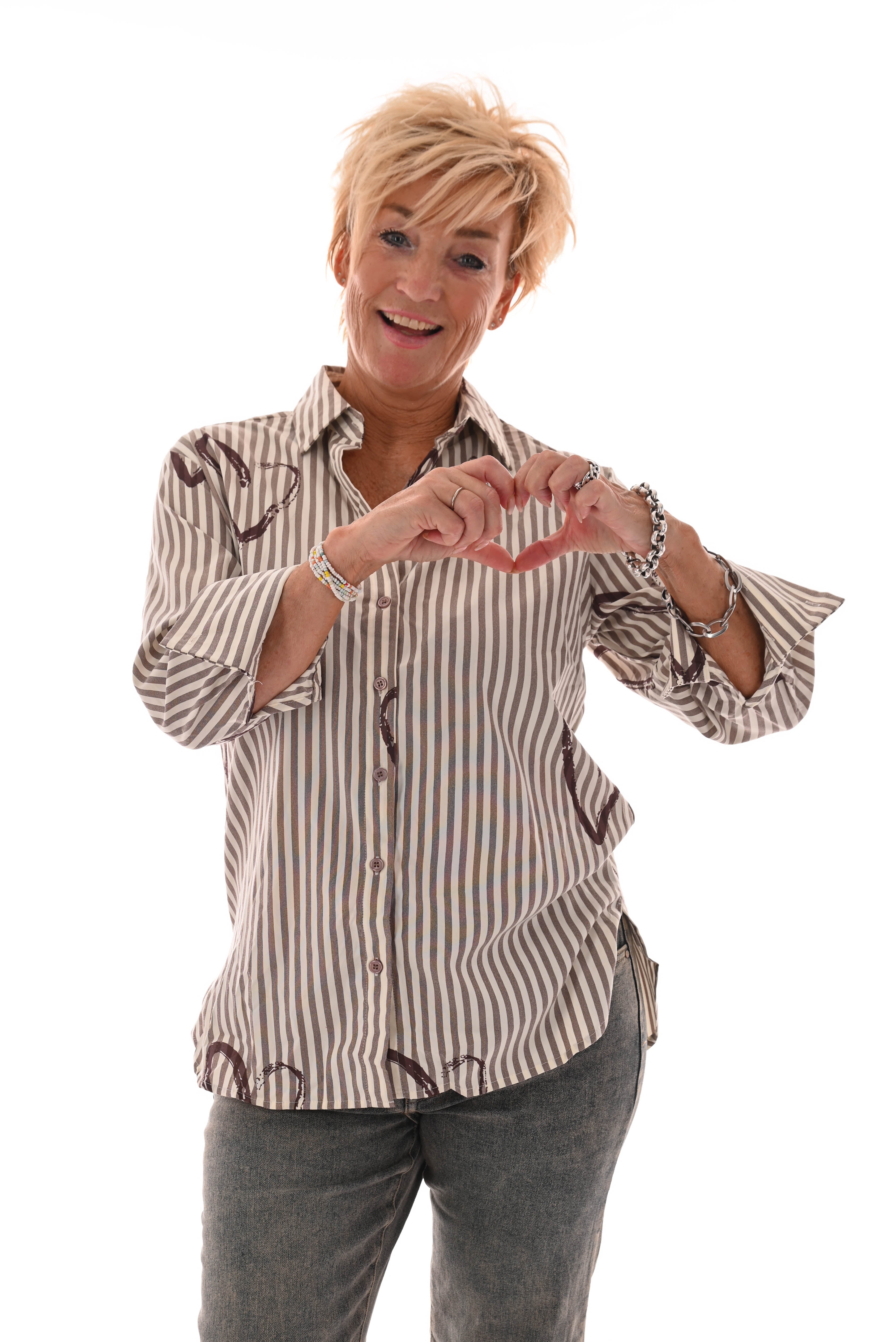 Blouse streep hartjes creme/bruin