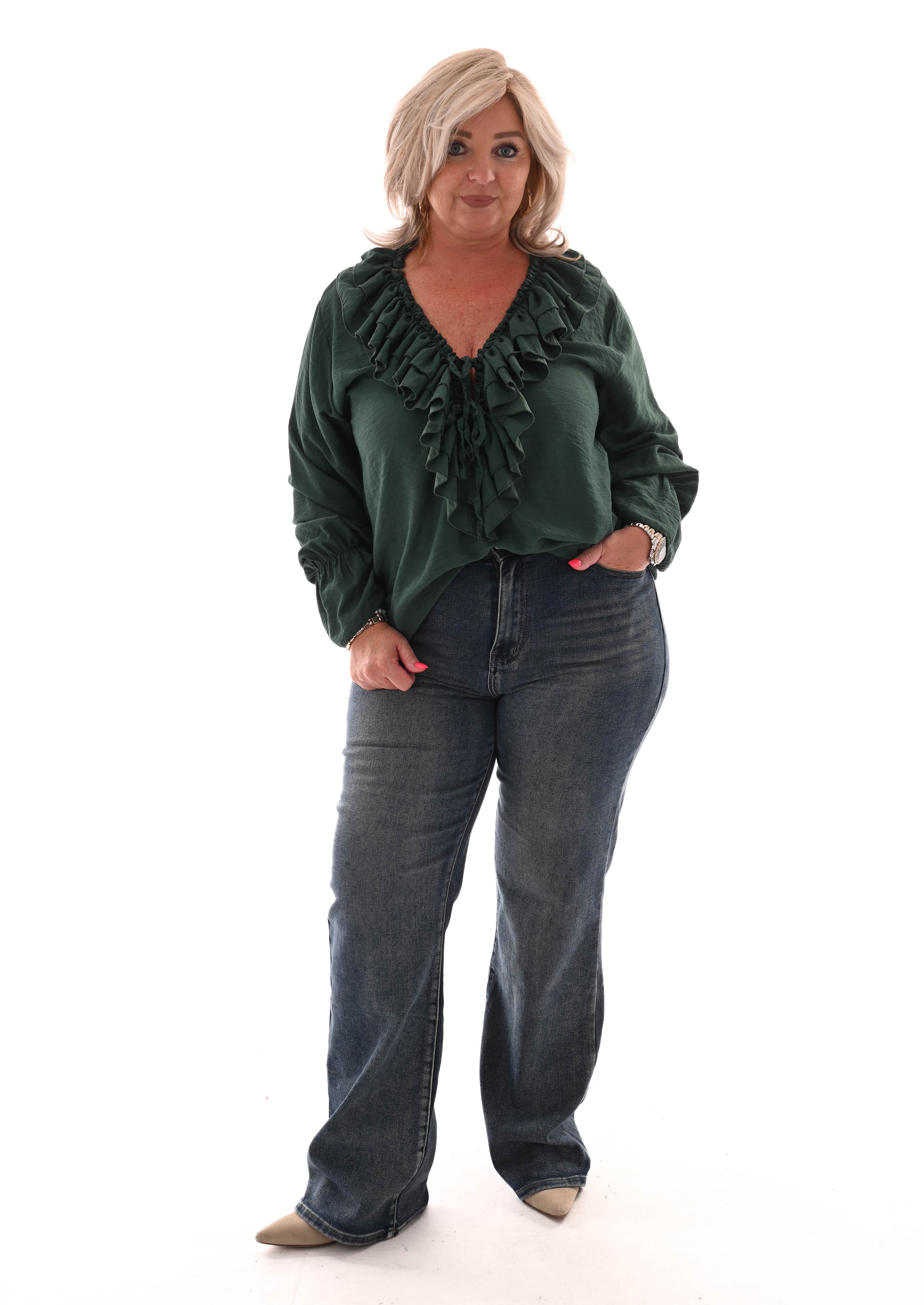 Blouse met roezel flessengroen