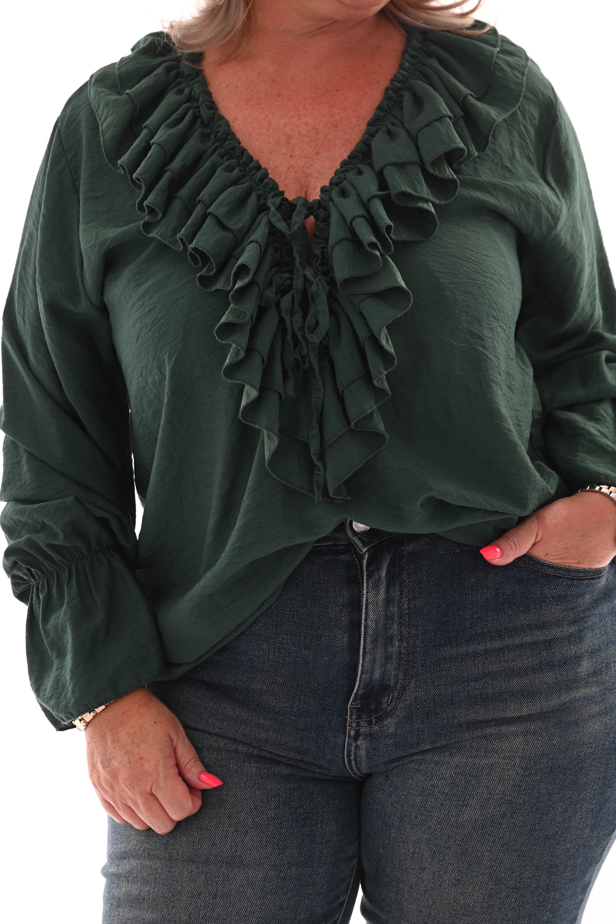 Blouse met roezel flessengroen