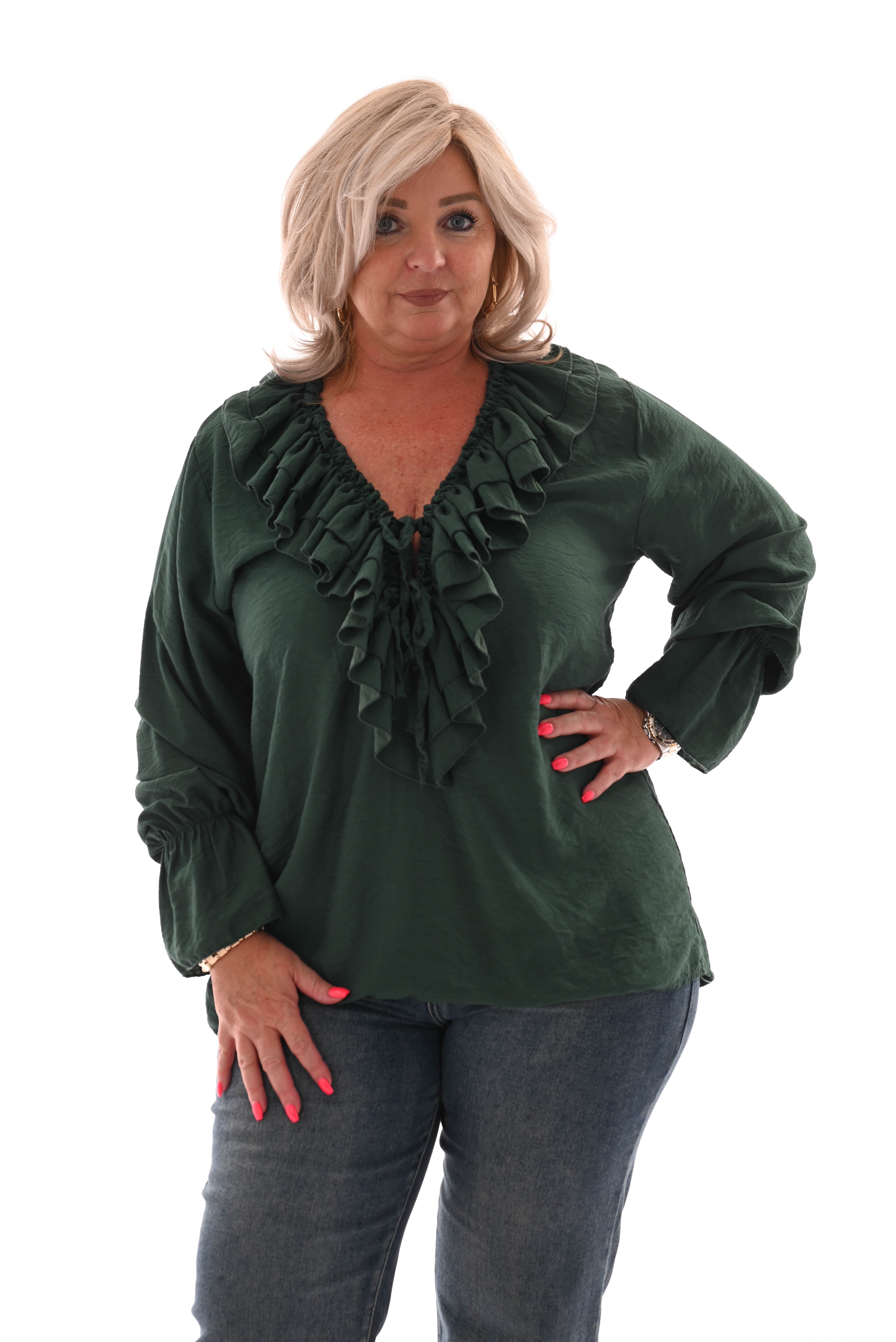 Blouse met roezel flessengroen