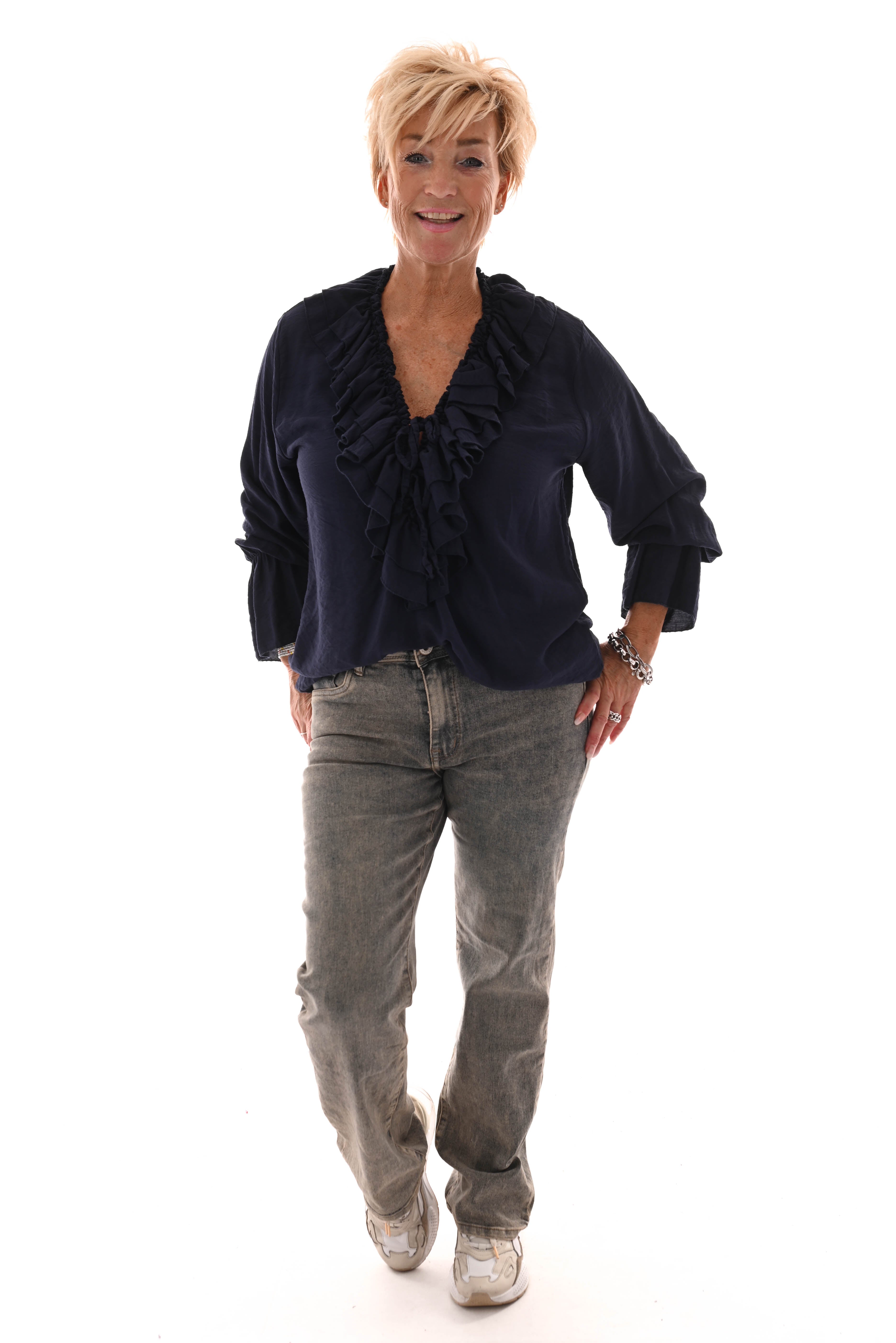 Blouse met roezel marineblauw