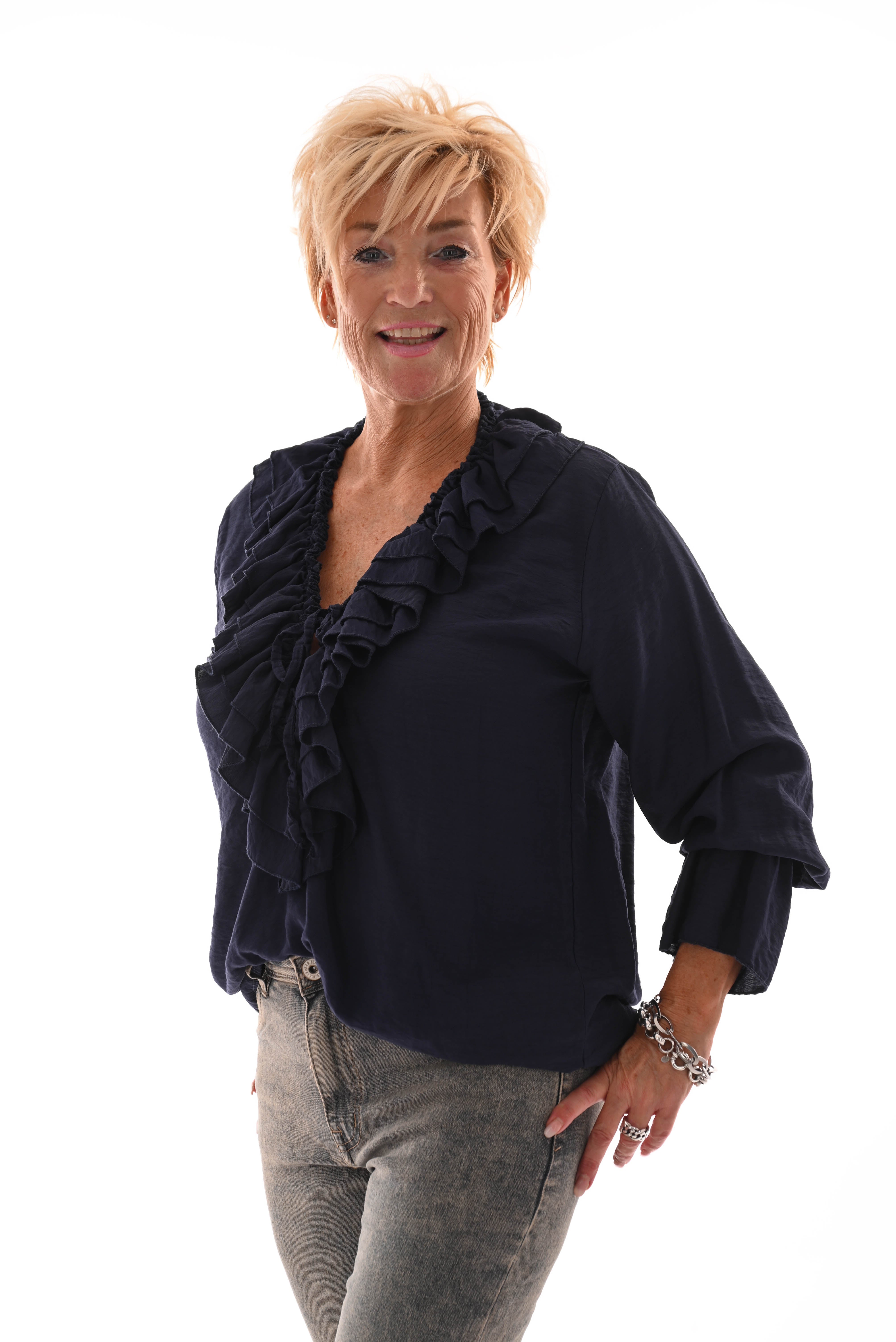 Blouse met roezel marineblauw