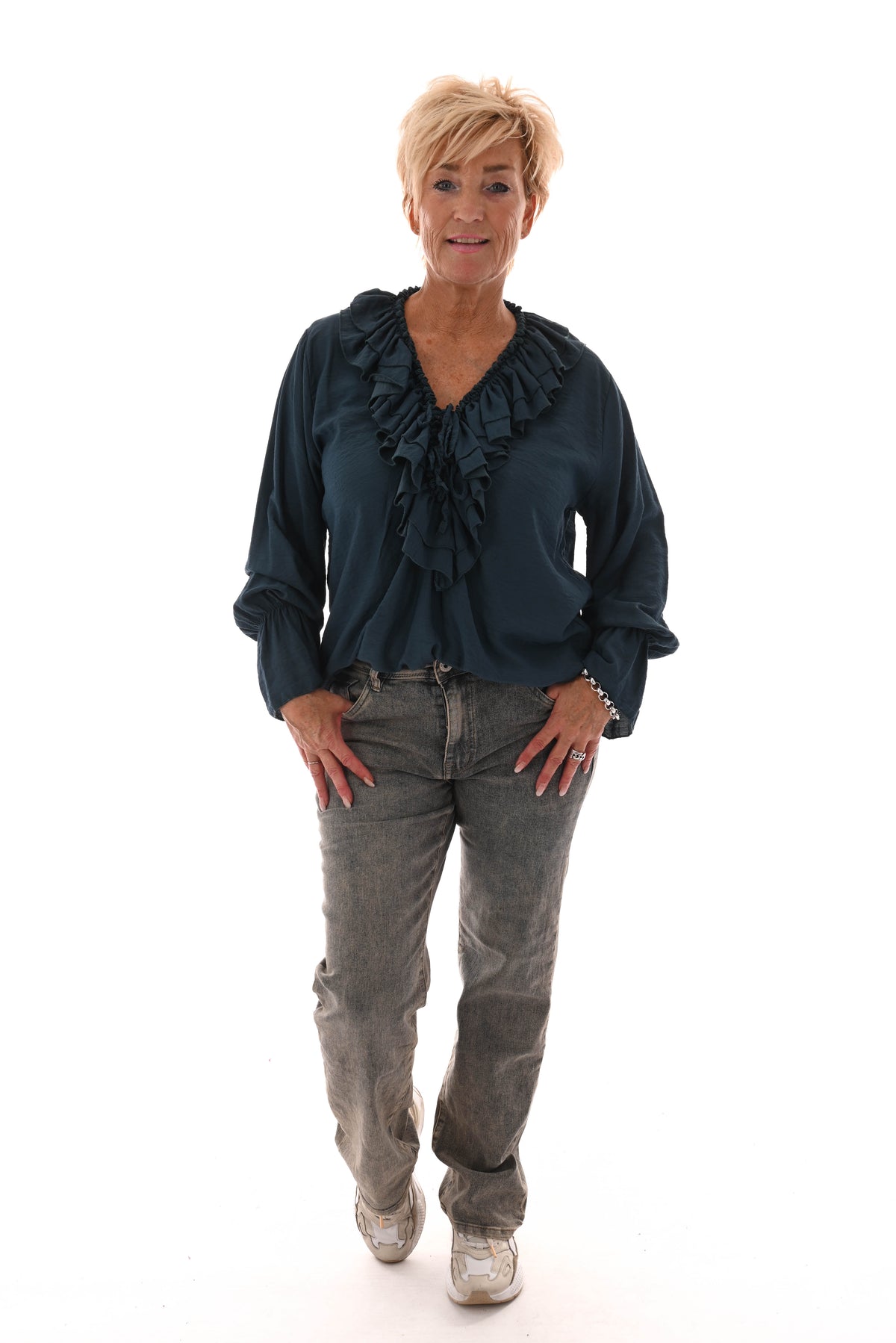Blouse met roezel petrol