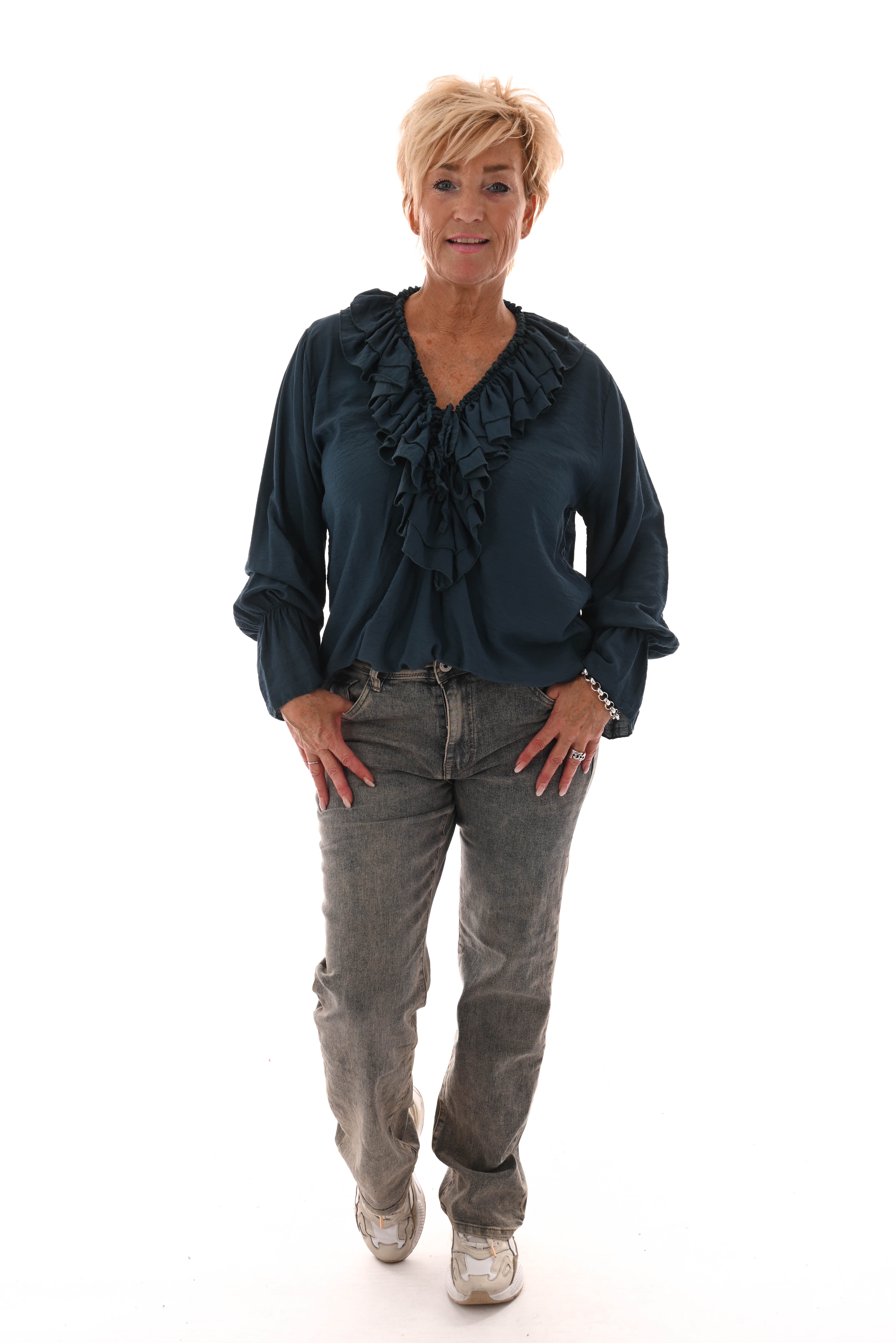 Blouse met roezel petrol