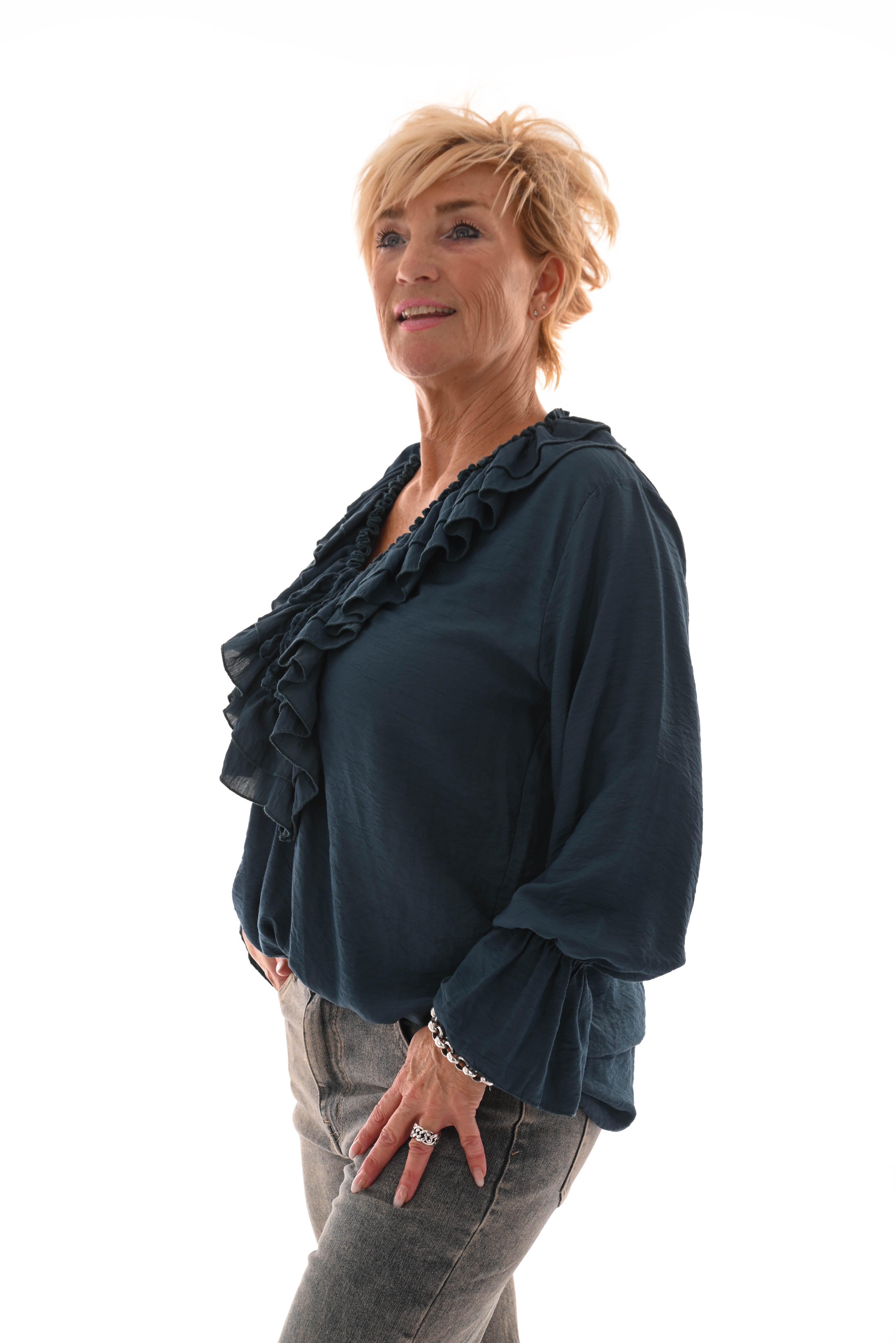 Blouse met roezel petrol