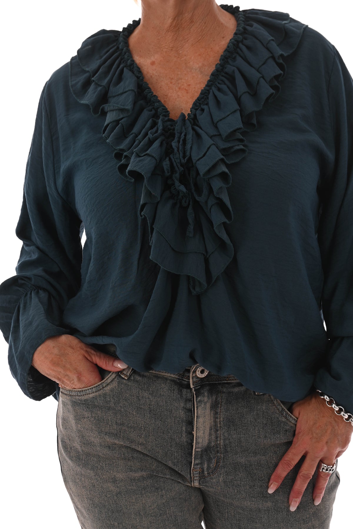 Blouse met roezel petrol