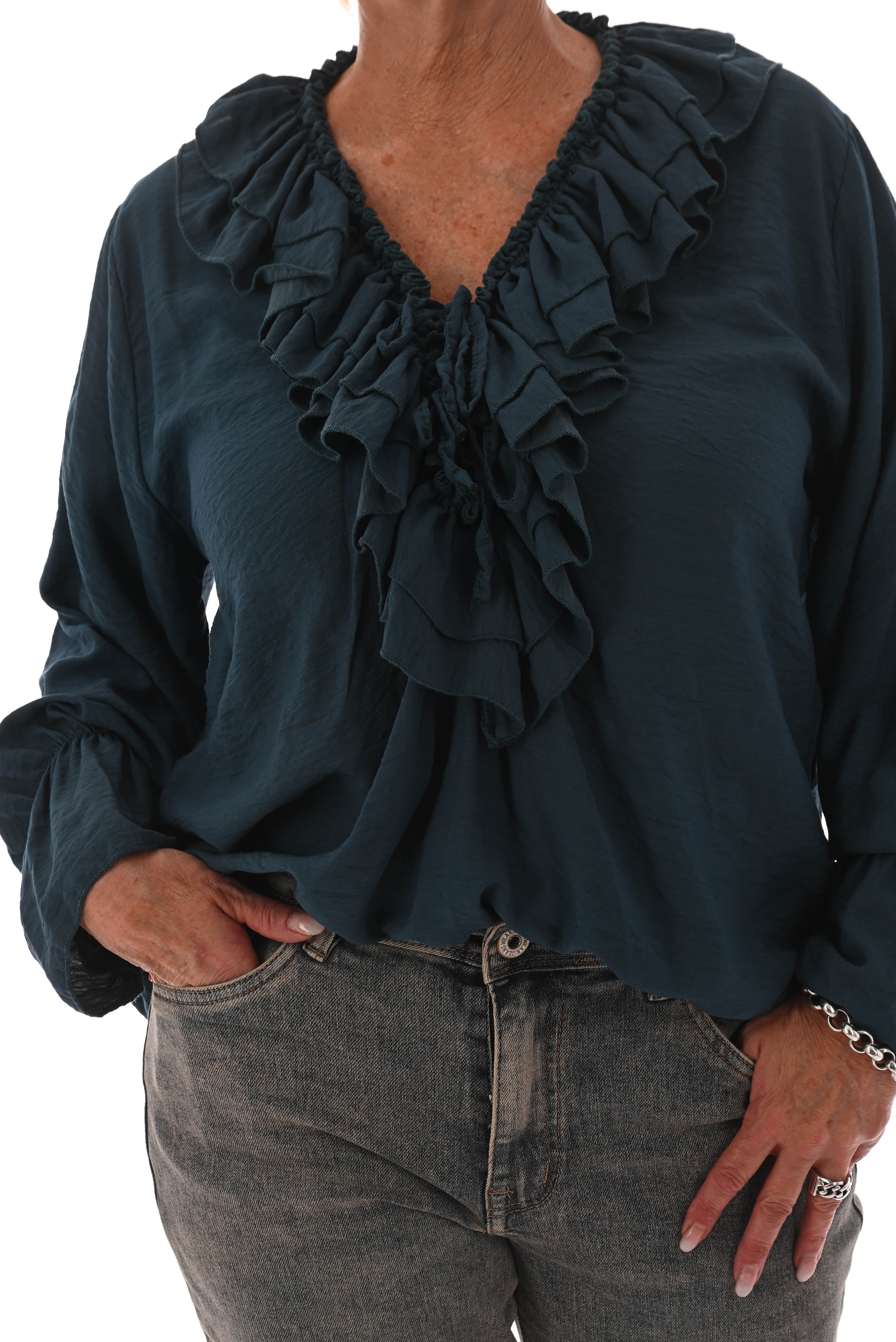 Blouse met roezel petrol