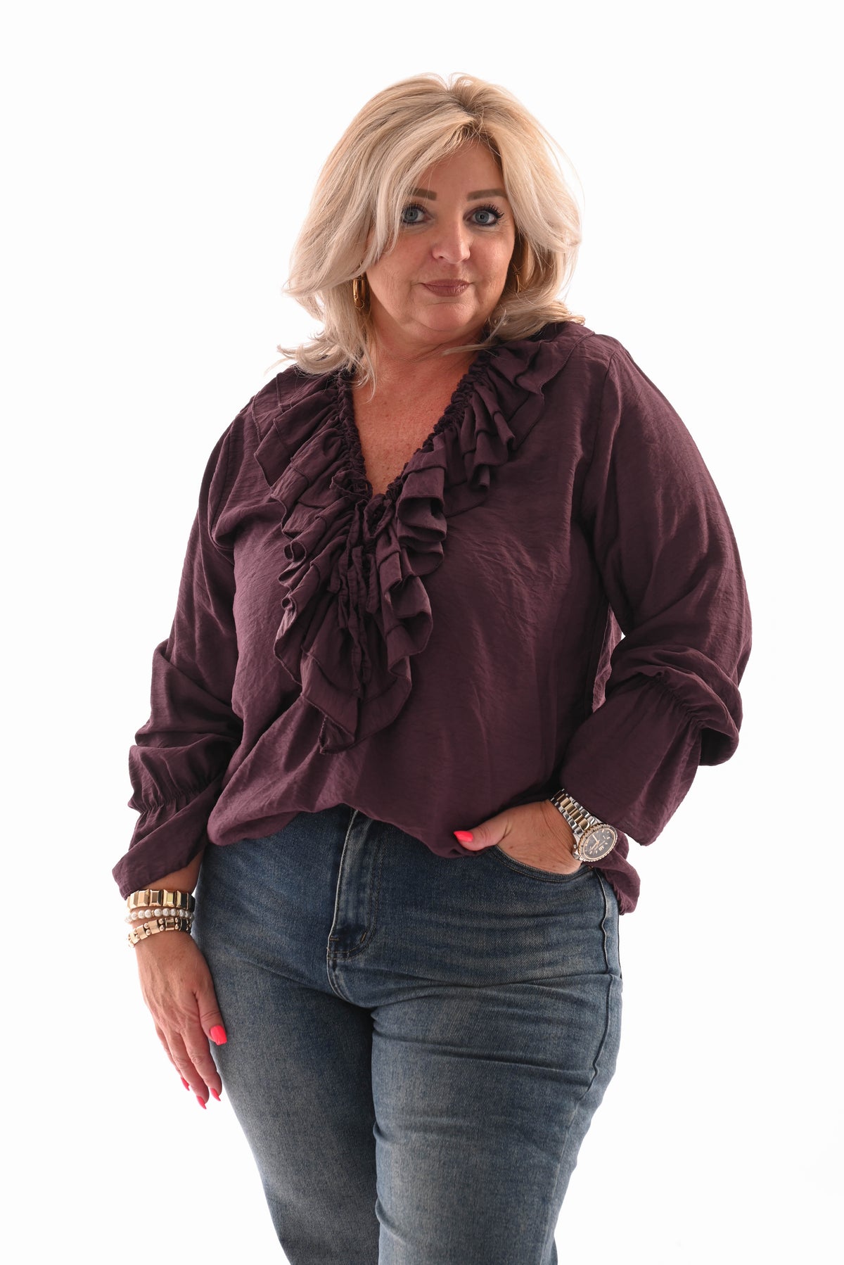 Blouse met roezel aubergine