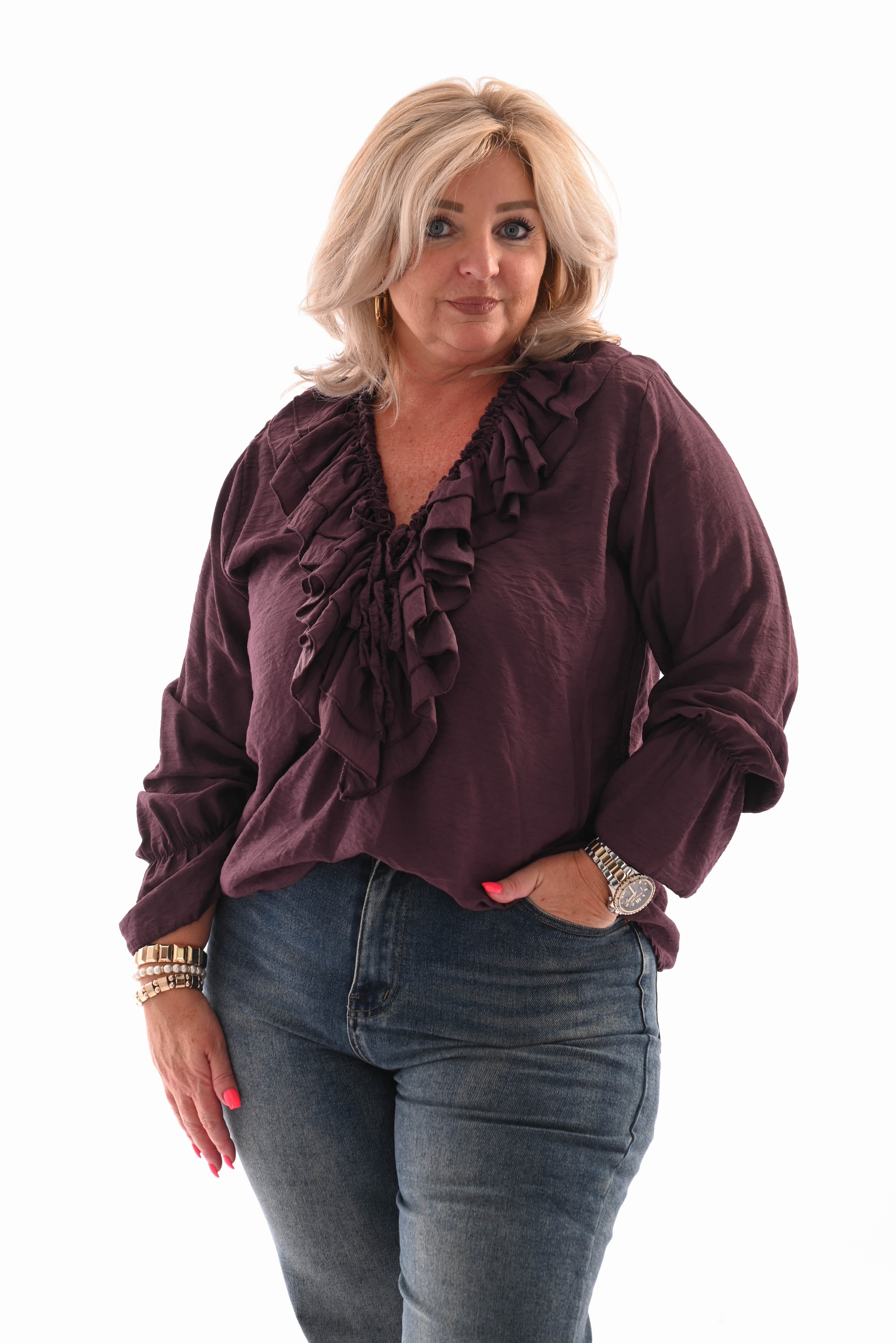 Blouse met roezel aubergine