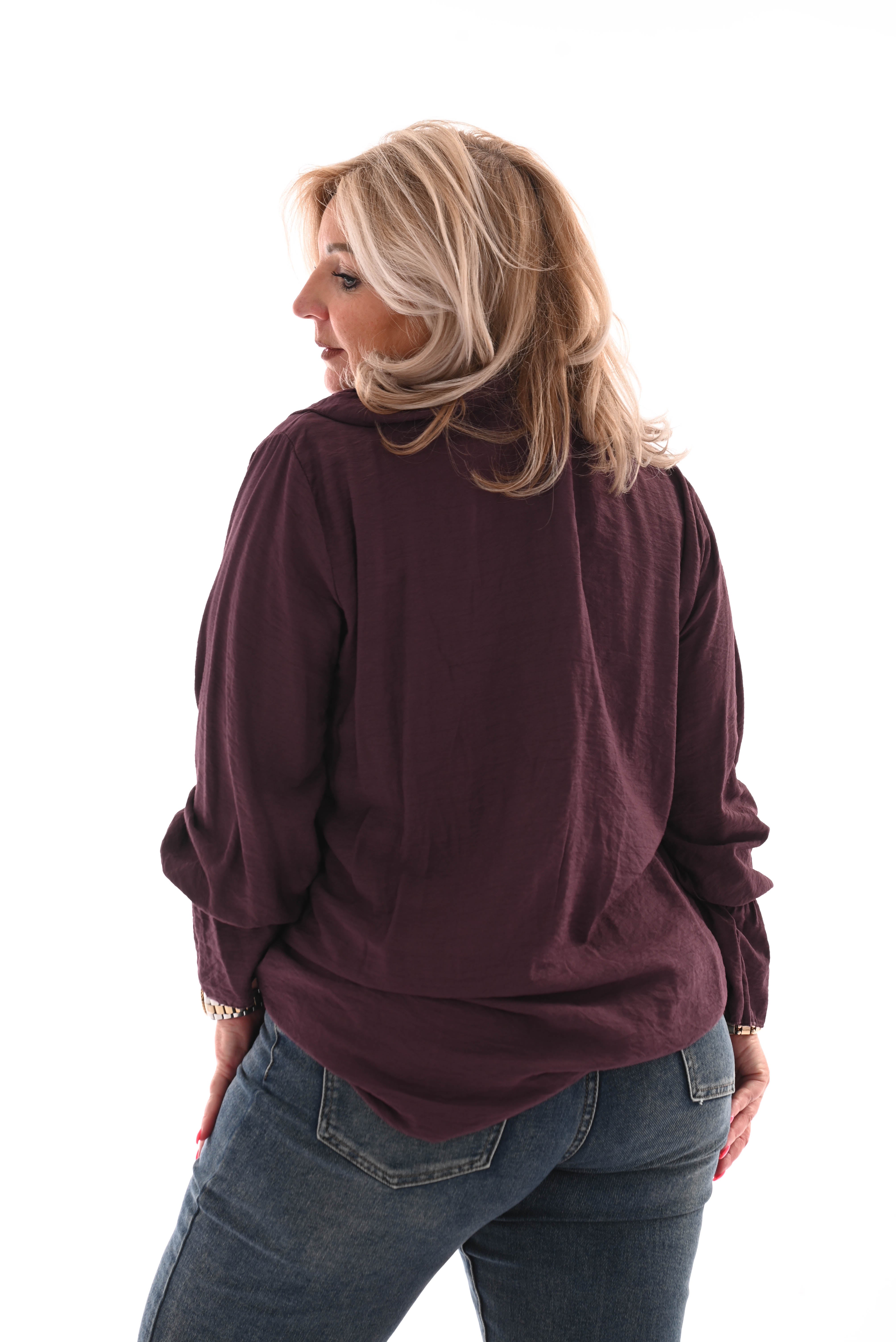 Blouse met roezel aubergine