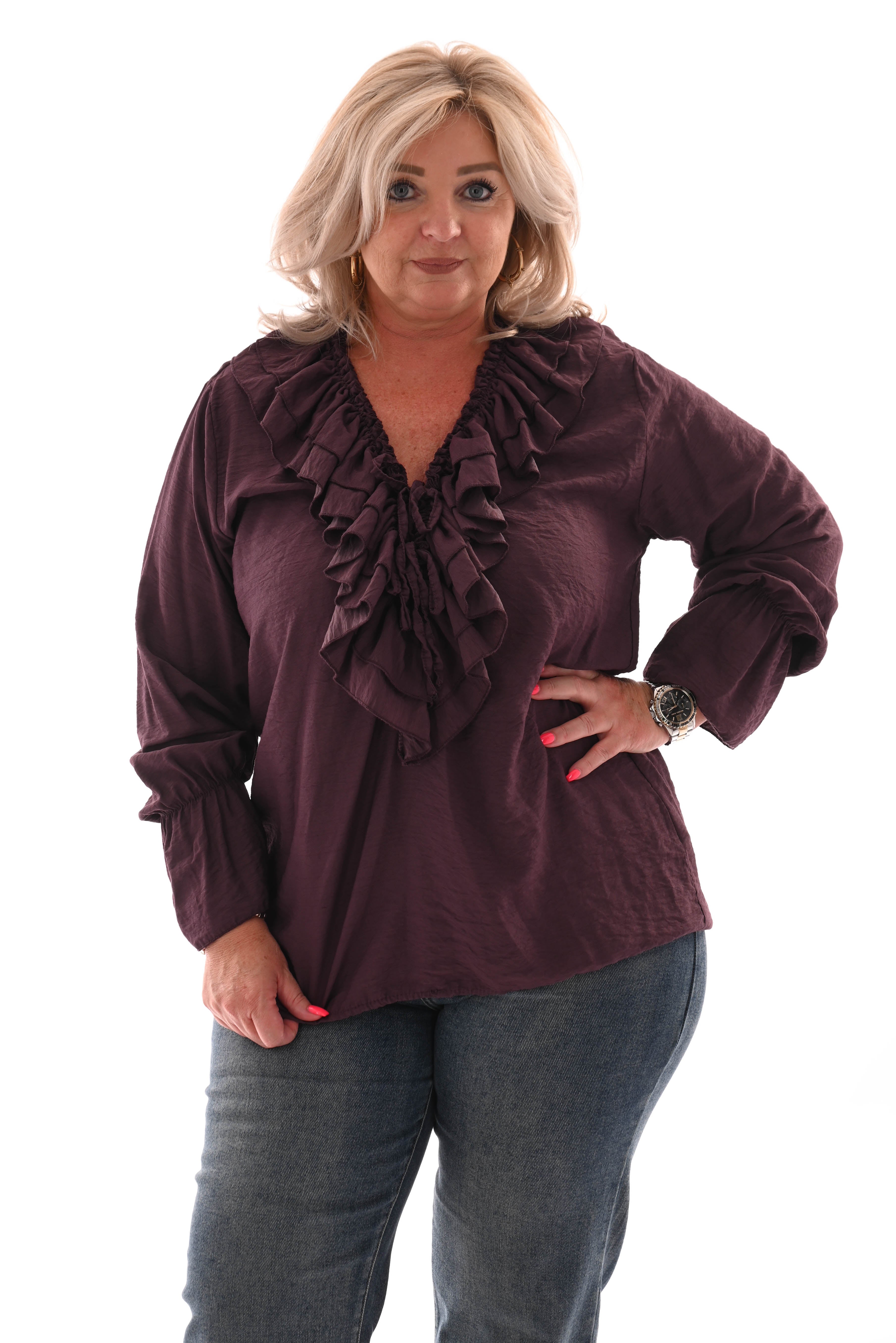 Blouse met roezel aubergine