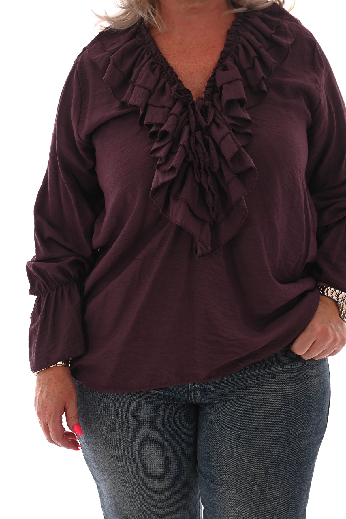 Blouse met roezel aubergine