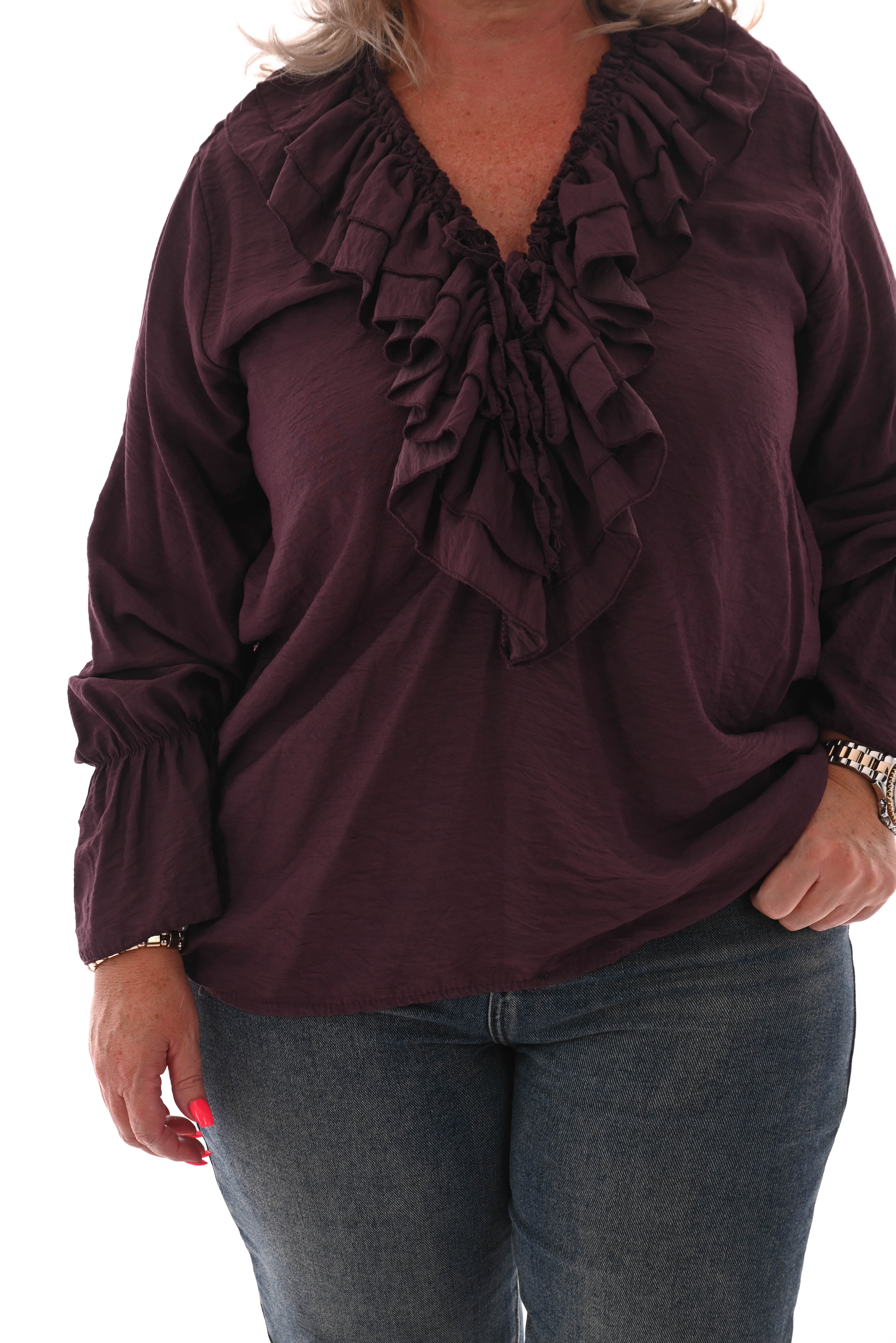 Blouse met roezel aubergine