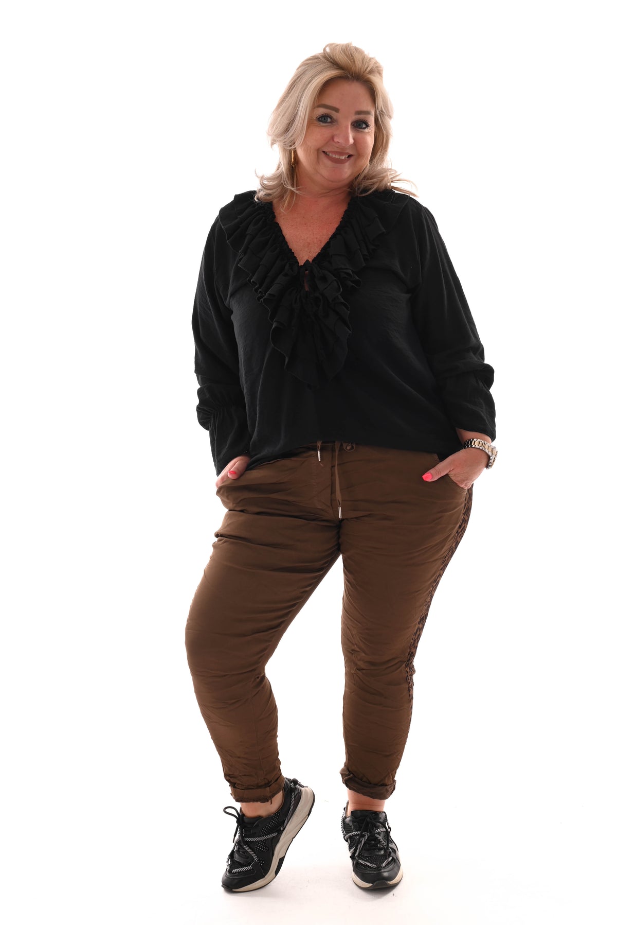 Silky stretchbroek panterbies bruin